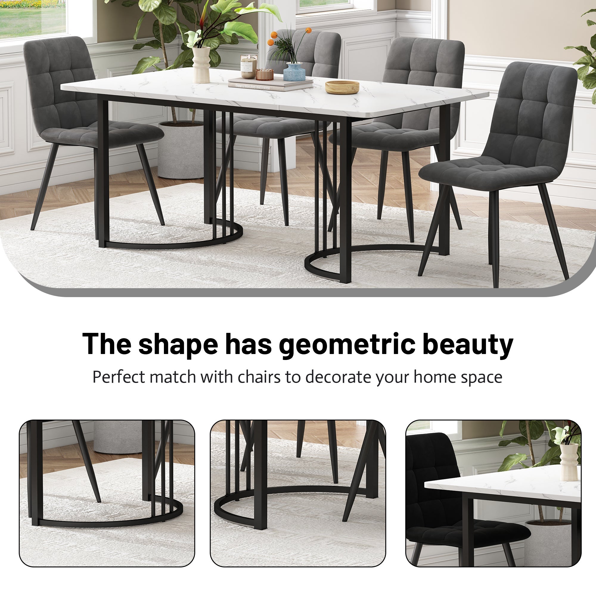 140 X 80cm Dining Table, 1-pcs Modern Kitchen Table, Metal Frame Rectangular Dining Table In Modern Marble Pattern Kitchen Table With Adjustable Feet For Dining Room Living Room, White Black - pokema2c37aaa64d41ee0c7fec604e620aa439