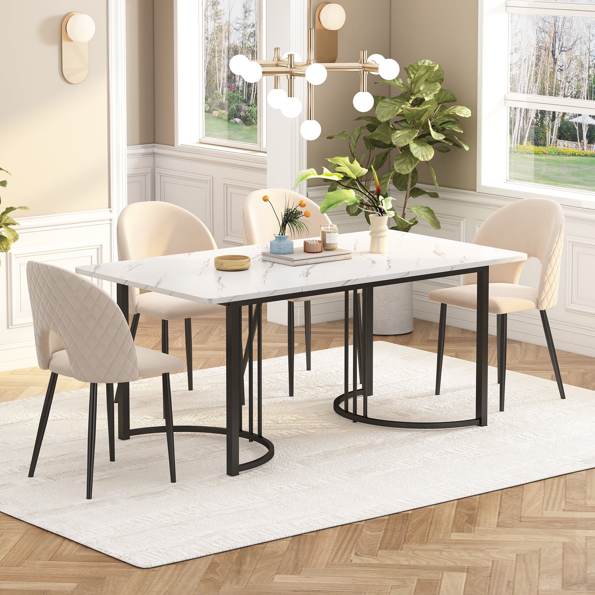 140 X 80cm Dining Table, 1-pcs Modern Kitchen Table, Metal Frame Rectangular Dining Table In Modern Marble Pattern Kitchen Table With Adjustable Feet For Dining Room Living Room, White Black - pokemacf0e389843d443fa8127cffa6338b35b