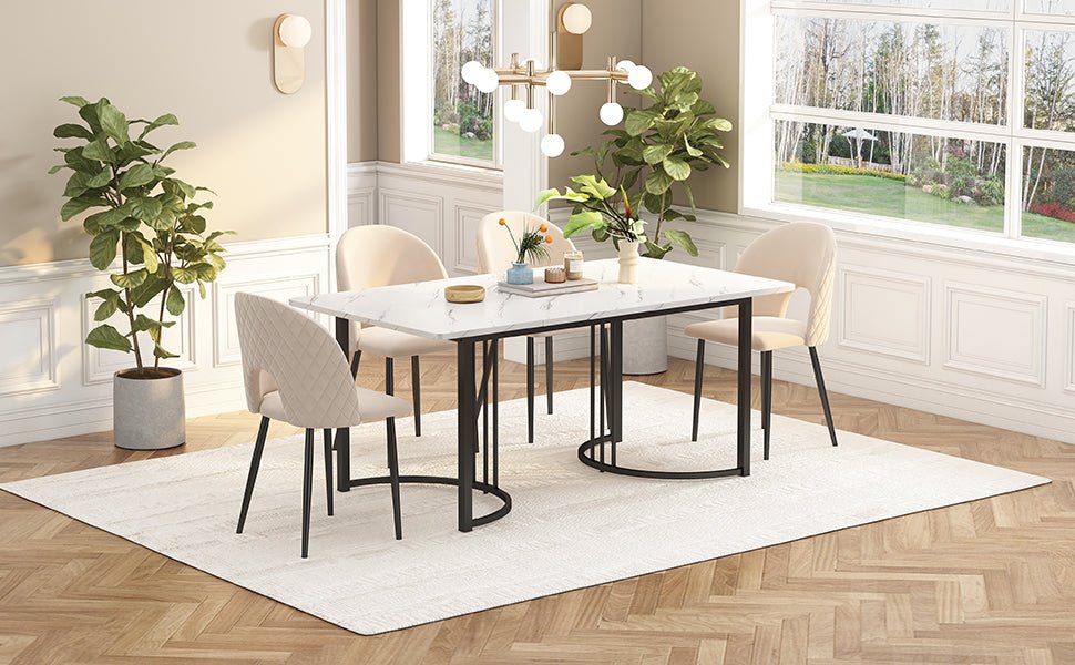 140 X 80cm Dining Table, 1-pcs Modern Kitchen Table, Metal Frame Rectangular Dining Table In Modern Marble Pattern Kitchen Table With Adjustable Feet For Dining Room Living Room, White Black - pokema975e9139971000801d28166cd5ae9a0d