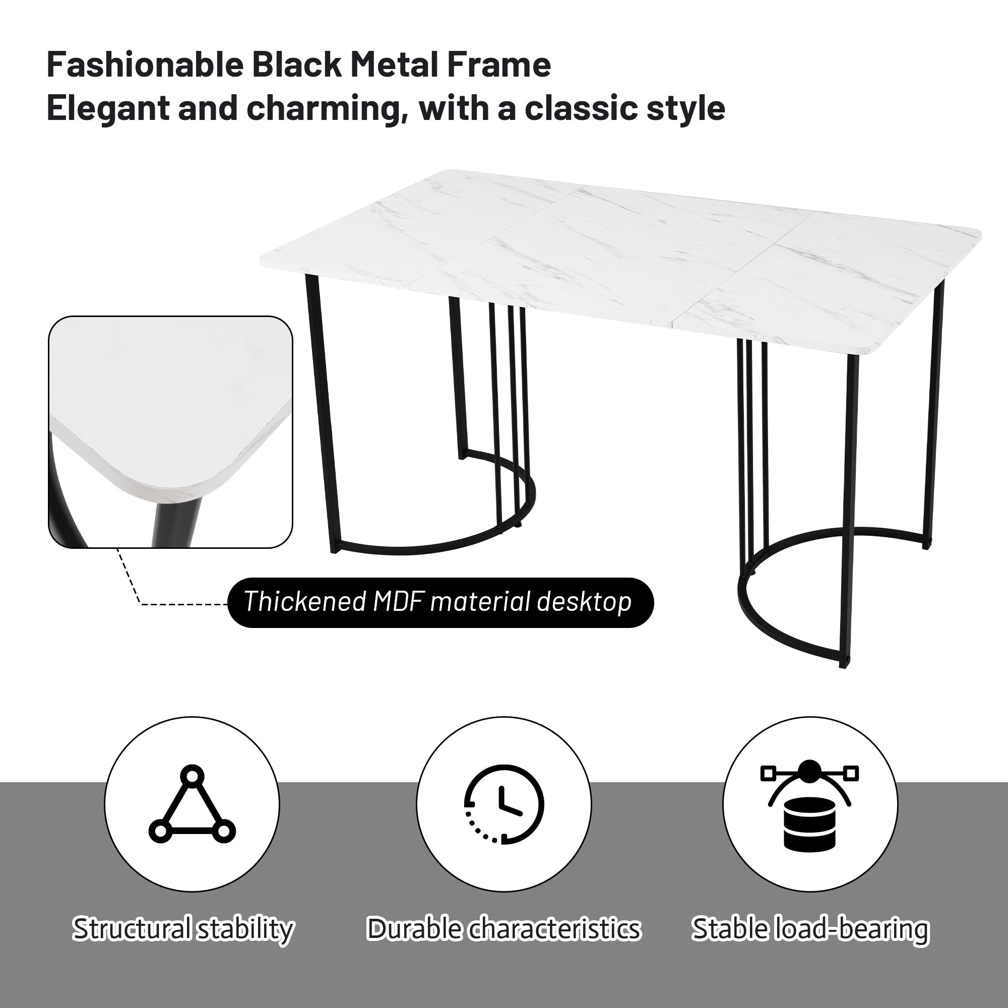 140 X 80cm Dining Table, 1-pcs Modern Kitchen Table, Metal Frame Rectangular Dining Table In Modern Marble Pattern Kitchen Table With Adjustable Feet For Dining Room Living Room, White Black - pokemac786401e4e2d87b74a7f1b853332e88d