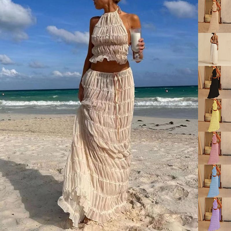 2pcs Women's Dress Suit Sexy Sleeveless Backless Cropped Halter Top And Pleated Long Skirt Beach Clothing - pokema1827eeb44a761fa4118abd83873cf28e