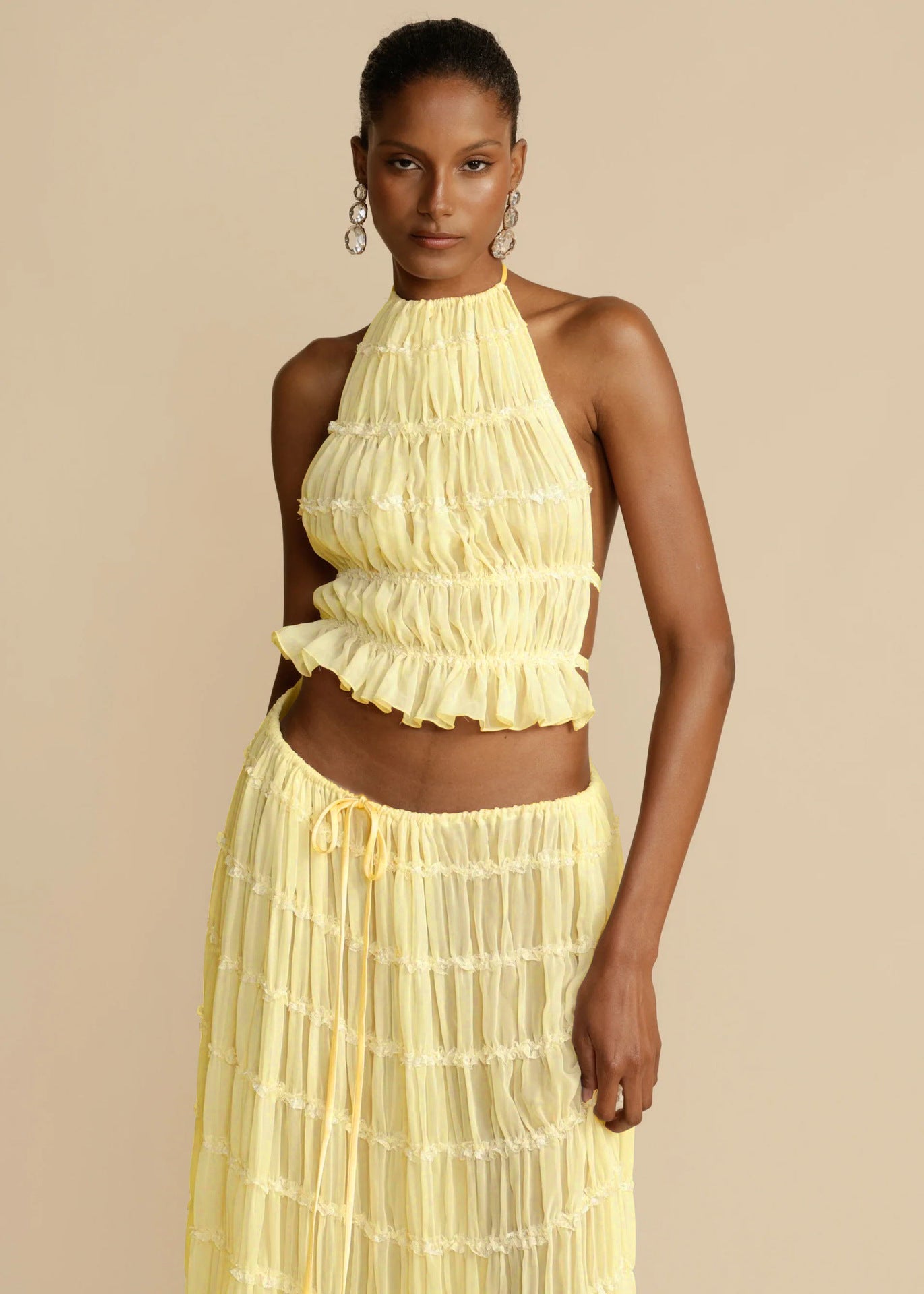 2pcs Women's Dress Suit Sexy Sleeveless Backless Cropped Halter Top And Pleated Long Skirt Beach Clothing - pokema8cd56bf0abc65a3ccd5170e82aae8c15