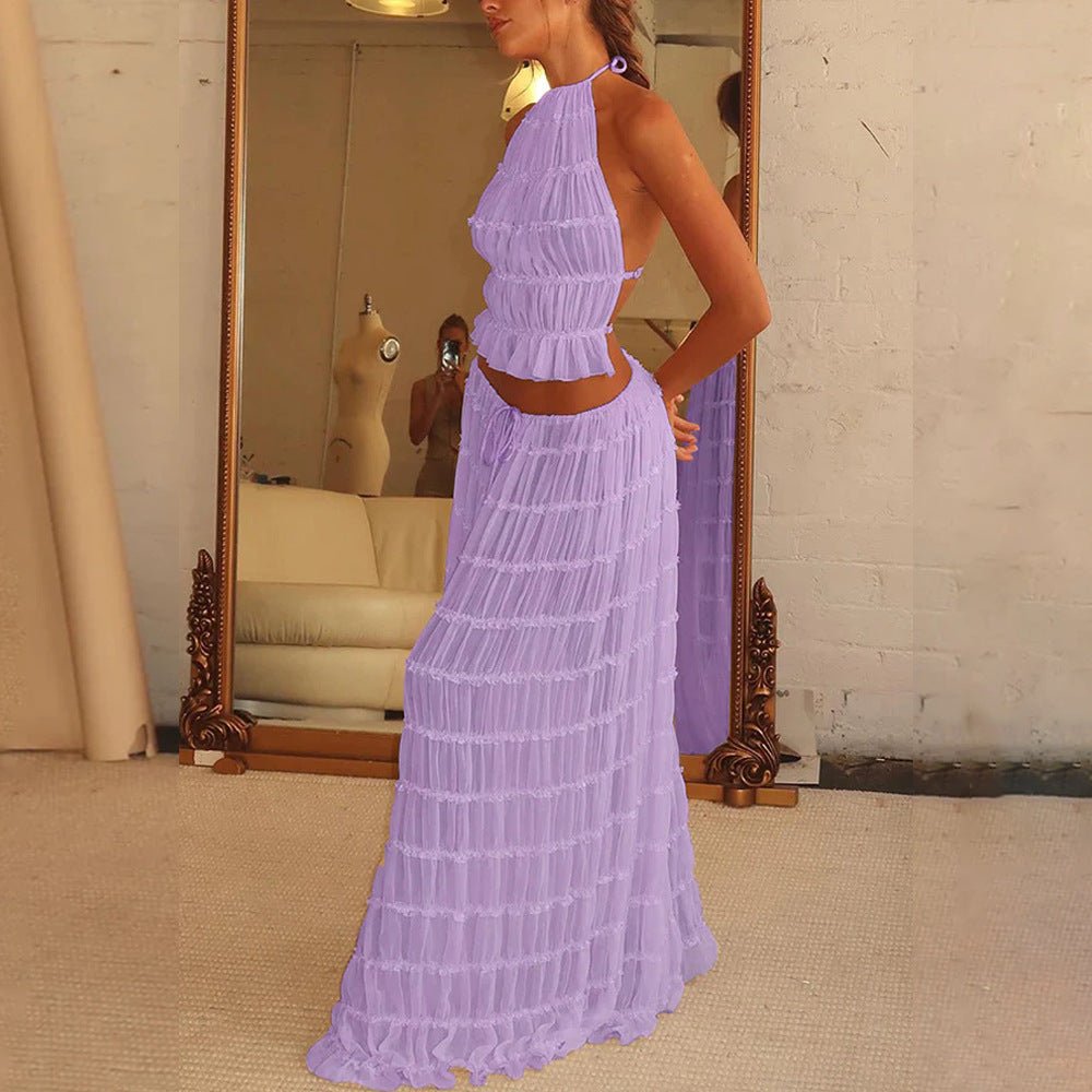 2pcs Women's Dress Suit Sexy Sleeveless Backless Cropped Halter Top And Pleated Long Skirt Beach Clothing - pokema1f0a5ed32f236a6ccca5a08203197b72