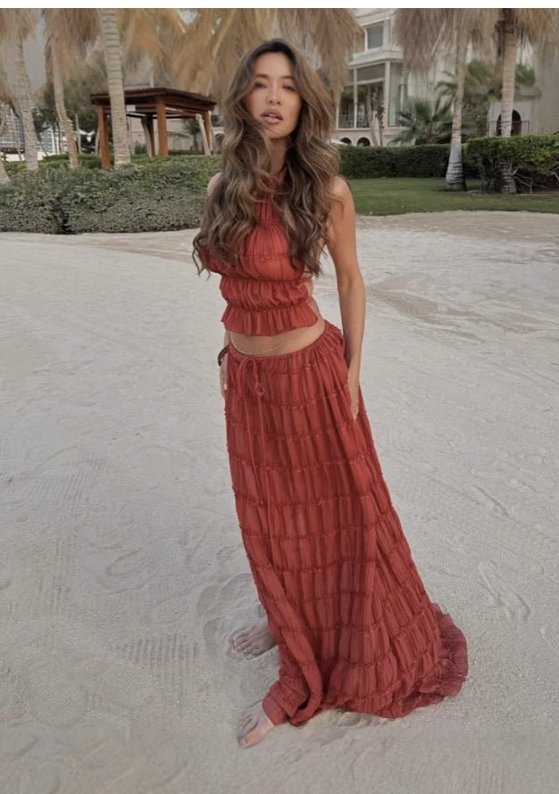 2pcs Women's Dress Suit Sexy Sleeveless Backless Cropped Halter Top And Pleated Long Skirt Beach Clothing - pokema289ca19098ee019bfc550d82b7dfd206