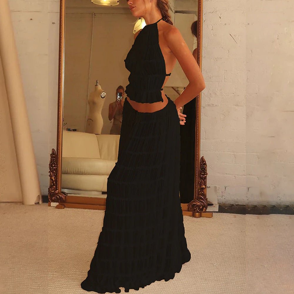 2pcs Women's Dress Suit Sexy Sleeveless Backless Cropped Halter Top And Pleated Long Skirt Beach Clothing - pokema56717a99c5eb990e87ffcf2fae91a7a8