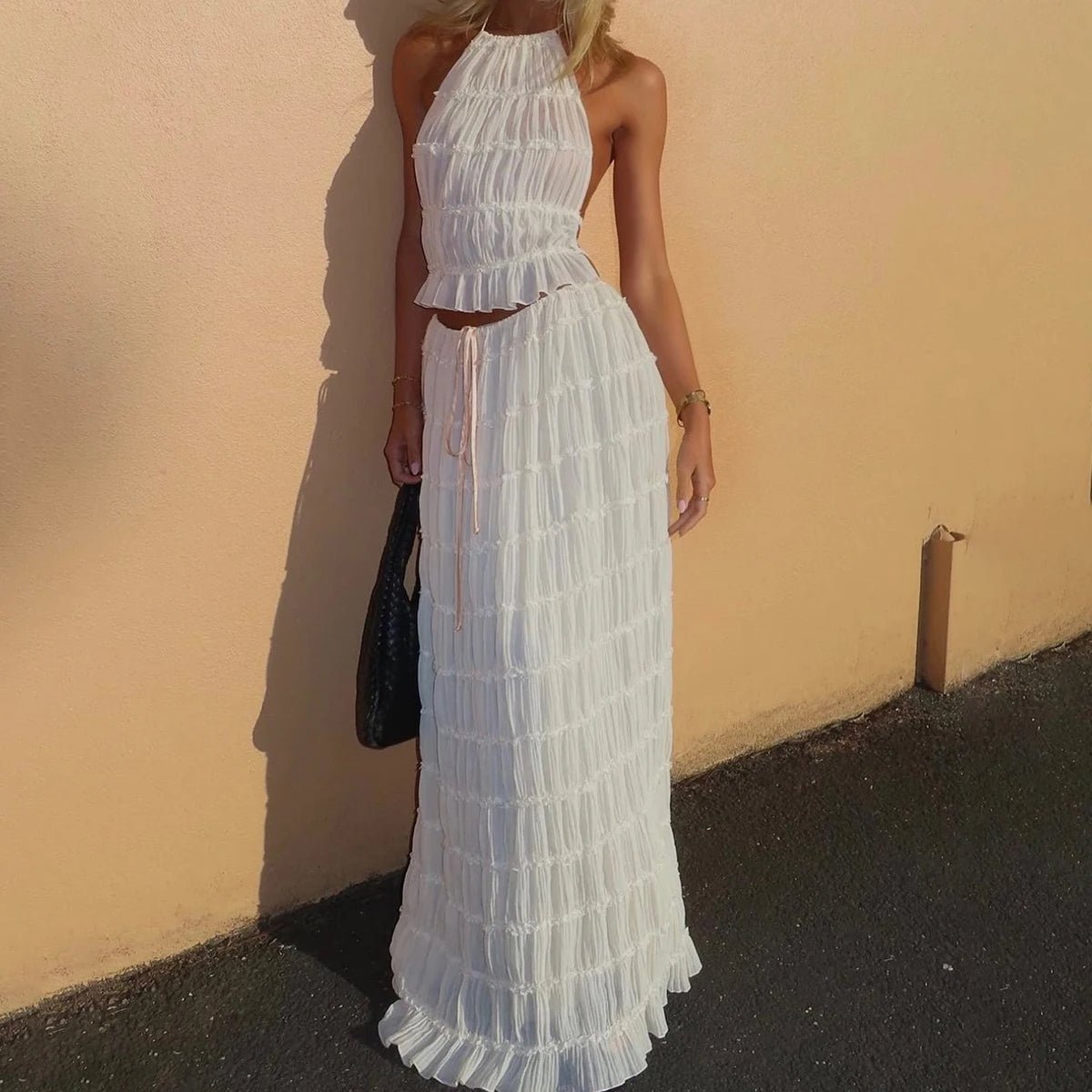 2pcs Women's Dress Suit Sexy Sleeveless Backless Cropped Halter Top And Pleated Long Skirt Beach Clothing - pokemad6dc3e928b2cfad6826f993c31c01ef4