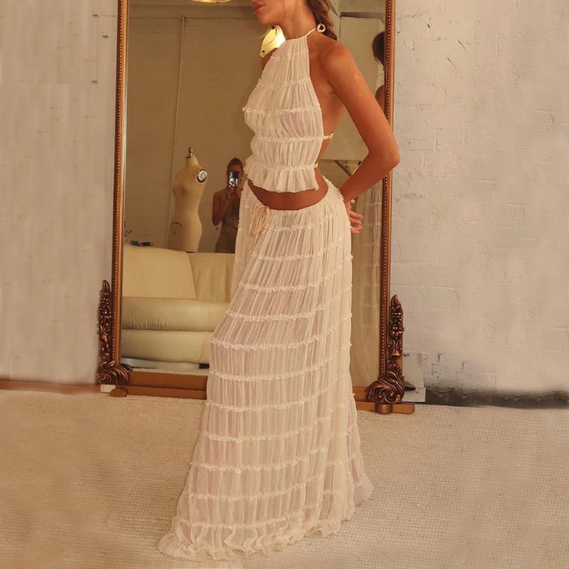 2pcs Women's Dress Suit Sexy Sleeveless Backless Cropped Halter Top And Pleated Long Skirt Beach Clothing - pokema9f01891186cdbcd75ad9385c877d527a