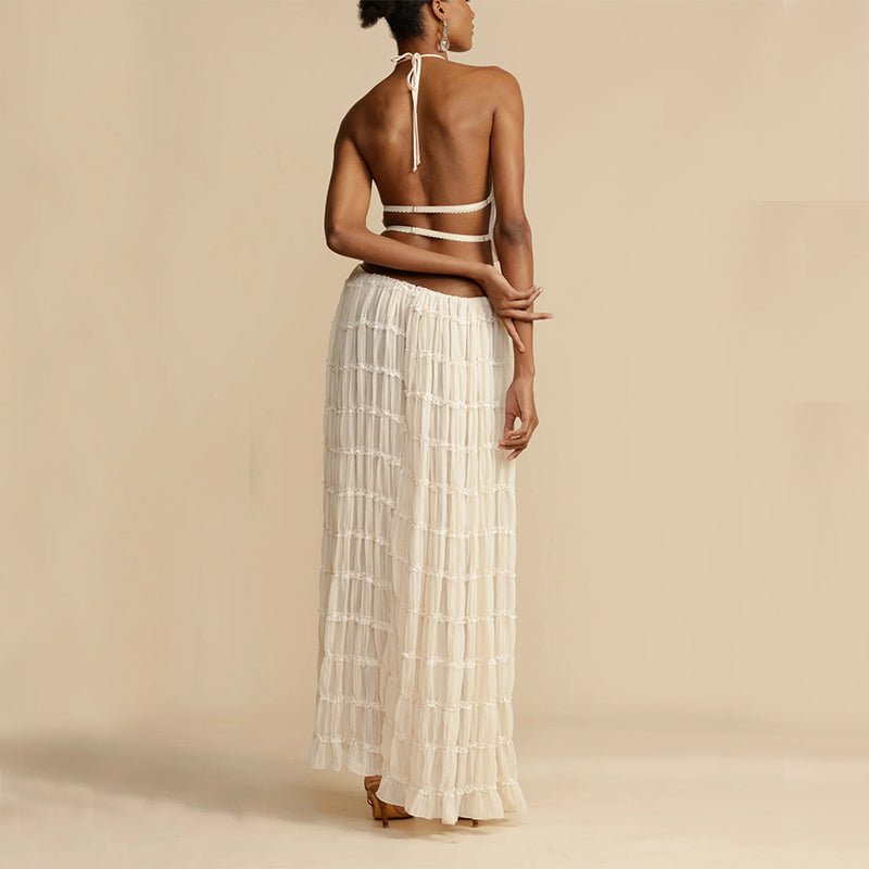 2pcs Women's Dress Suit Sexy Sleeveless Backless Cropped Halter Top And Pleated Long Skirt Beach Clothing - pokema457f7ce6a451287515fae4adf0a93bda