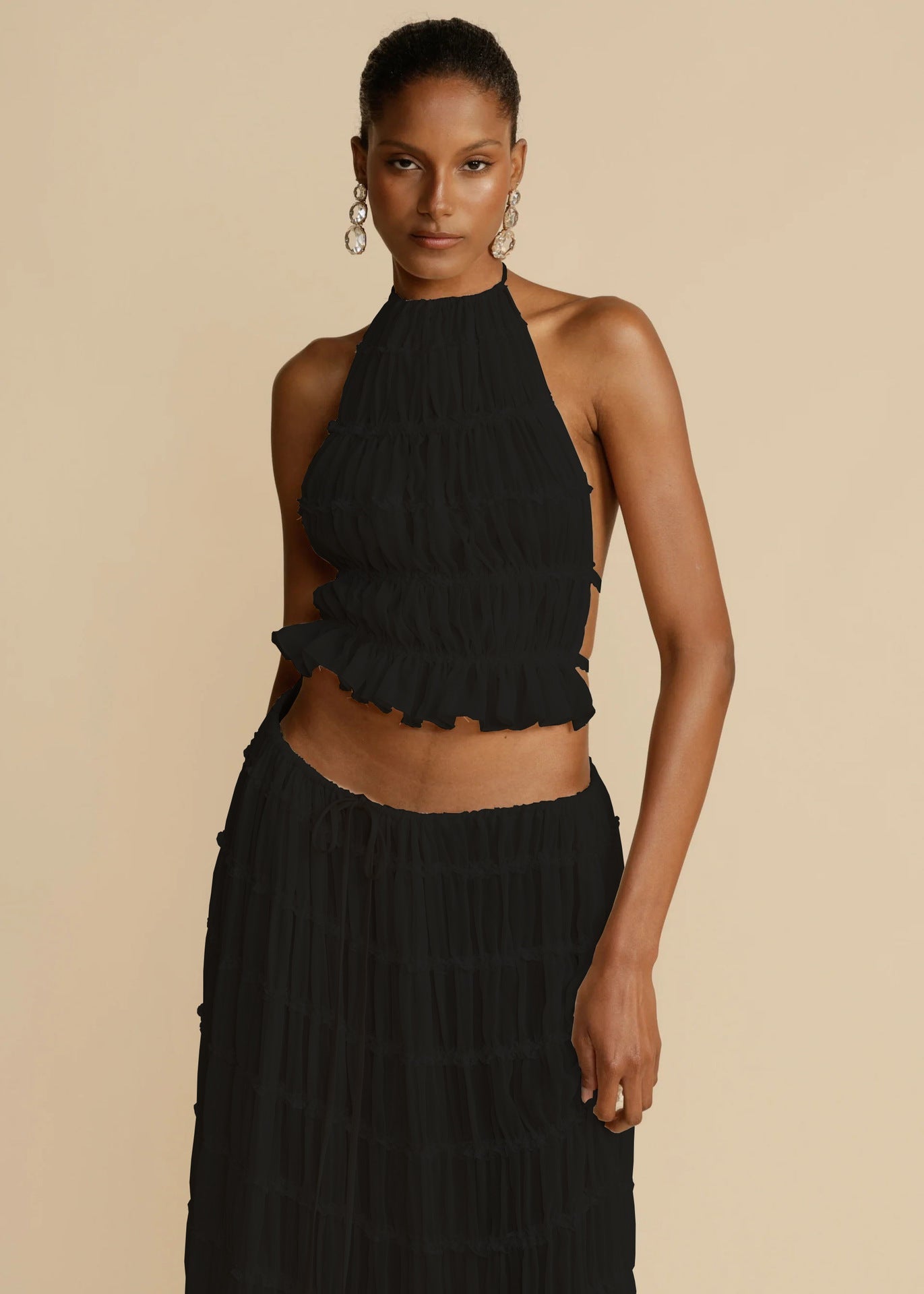 2pcs Women's Dress Suit Sexy Sleeveless Backless Cropped Halter Top And Pleated Long Skirt Beach Clothing - pokema33124aca92df9d66b821c6803cfaa75a