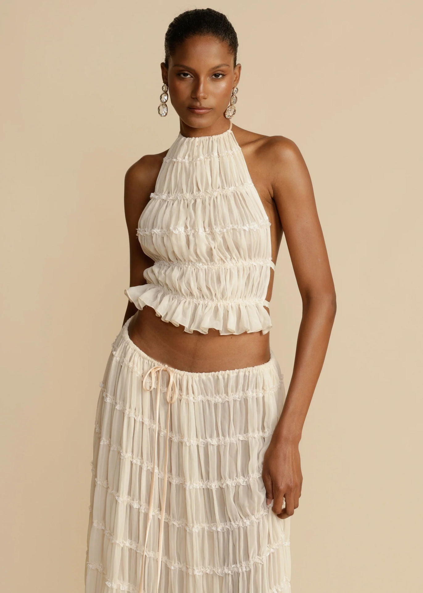 2pcs Women's Dress Suit Sexy Sleeveless Backless Cropped Halter Top And Pleated Long Skirt Beach Clothing - pokema5e5cb5be336314e0bc3774861dbdc746