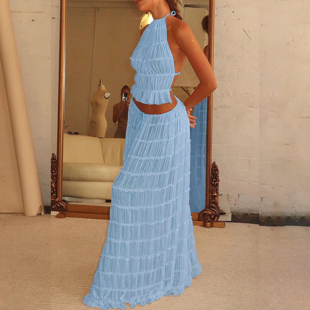 2pcs Women's Dress Suit Sexy Sleeveless Backless Cropped Halter Top And Pleated Long Skirt Beach Clothing - pokema2d5abfdf5be25e7df2d432bf5c39ce90