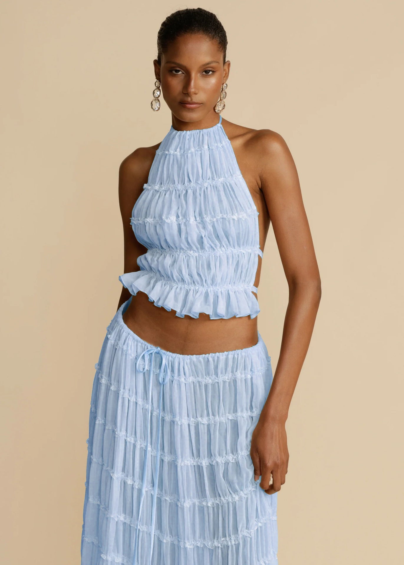 2pcs Women's Dress Suit Sexy Sleeveless Backless Cropped Halter Top And Pleated Long Skirt Beach Clothing - pokema6fac448b0ad78374cfa0a1f8d0d0d888