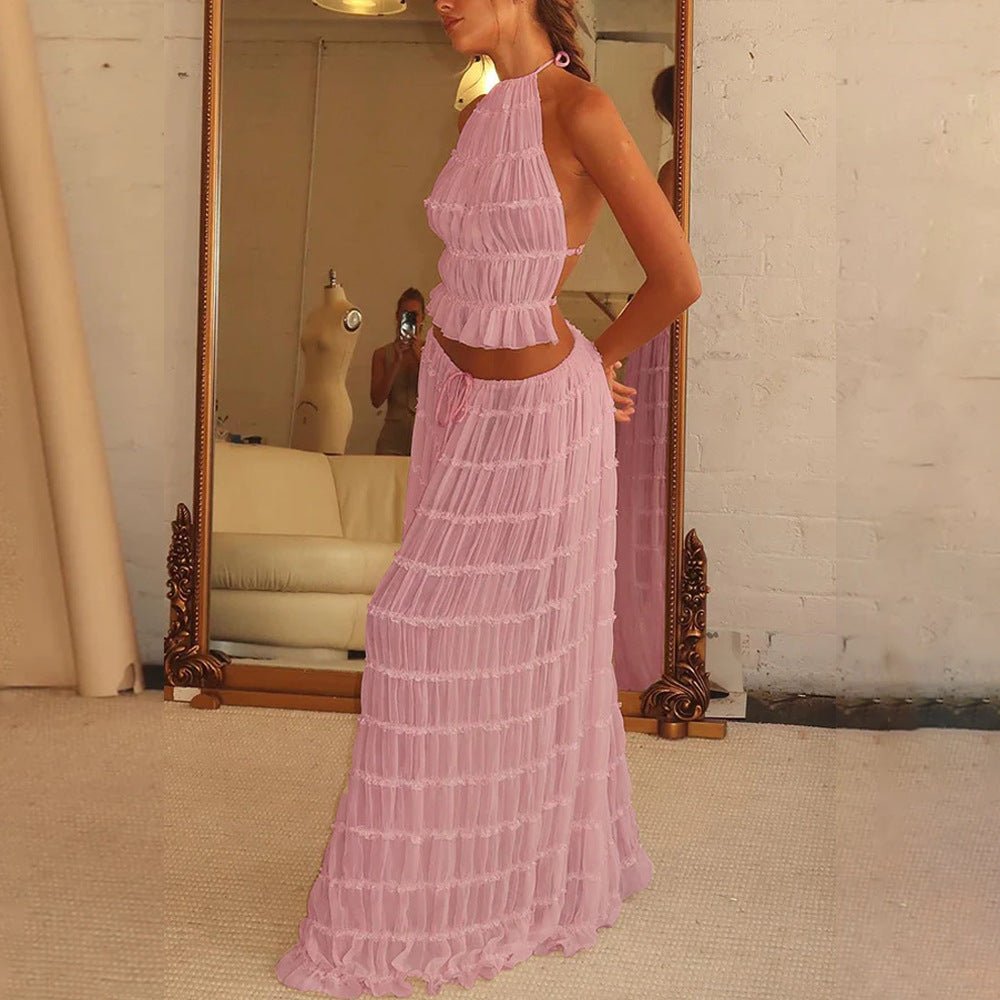 2pcs Women's Dress Suit Sexy Sleeveless Backless Cropped Halter Top And Pleated Long Skirt Beach Clothing - pokema921144bc82cc26522445667b5b821031