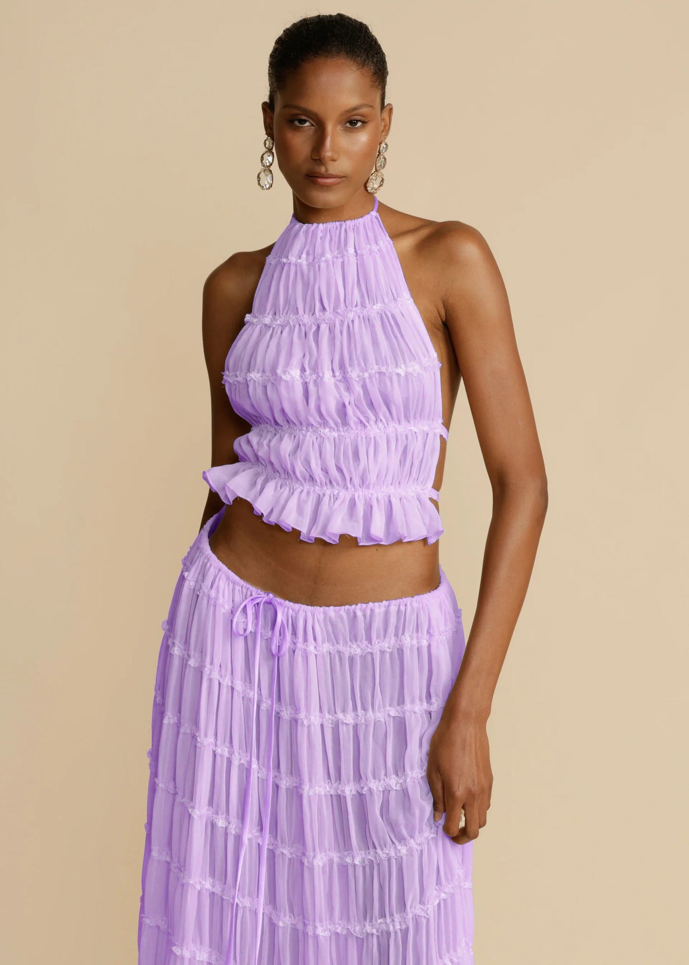 2pcs Women's Dress Suit Sexy Sleeveless Backless Cropped Halter Top And Pleated Long Skirt Beach Clothing - pokema29e338b3c42f444e384d726f08ddcbf1