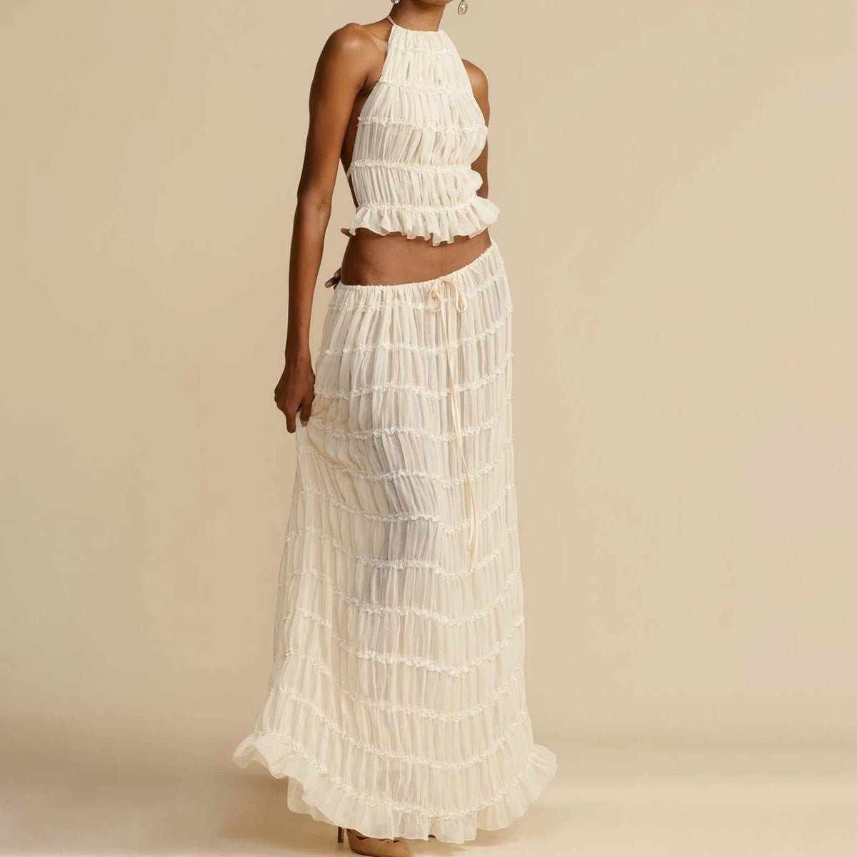 2pcs Women's Dress Suit Sexy Sleeveless Backless Cropped Halter Top And Pleated Long Skirt Beach Clothing - pokema5676662ae2267178ba57c3d77b808472