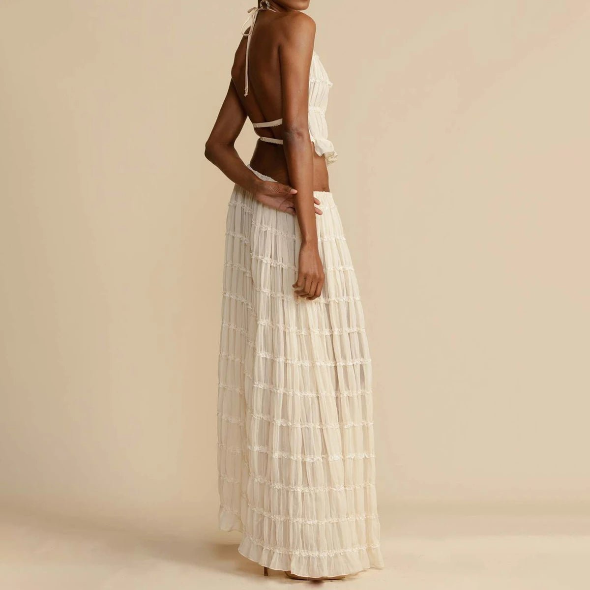 2pcs Women's Dress Suit Sexy Sleeveless Backless Cropped Halter Top And Pleated Long Skirt Beach Clothing - pokemaa6b6cbc21300d101270836719830ee20