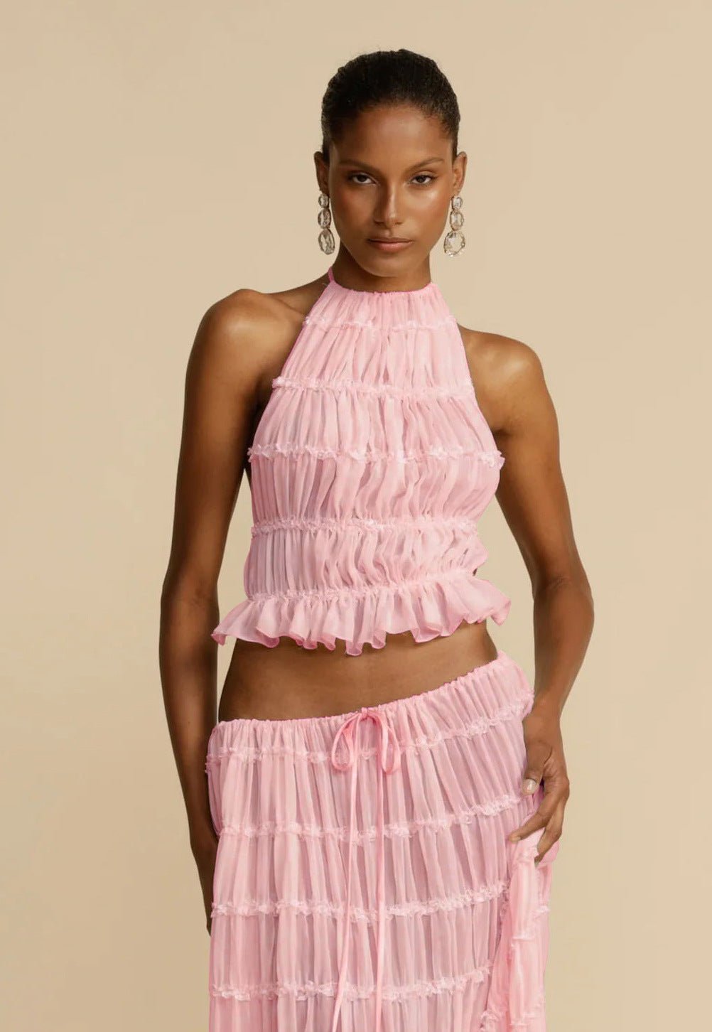2pcs Women's Dress Suit Sexy Sleeveless Backless Cropped Halter Top And Pleated Long Skirt Beach Clothing - pokema4ad6433e4467e589f4bcc8936476cfb3