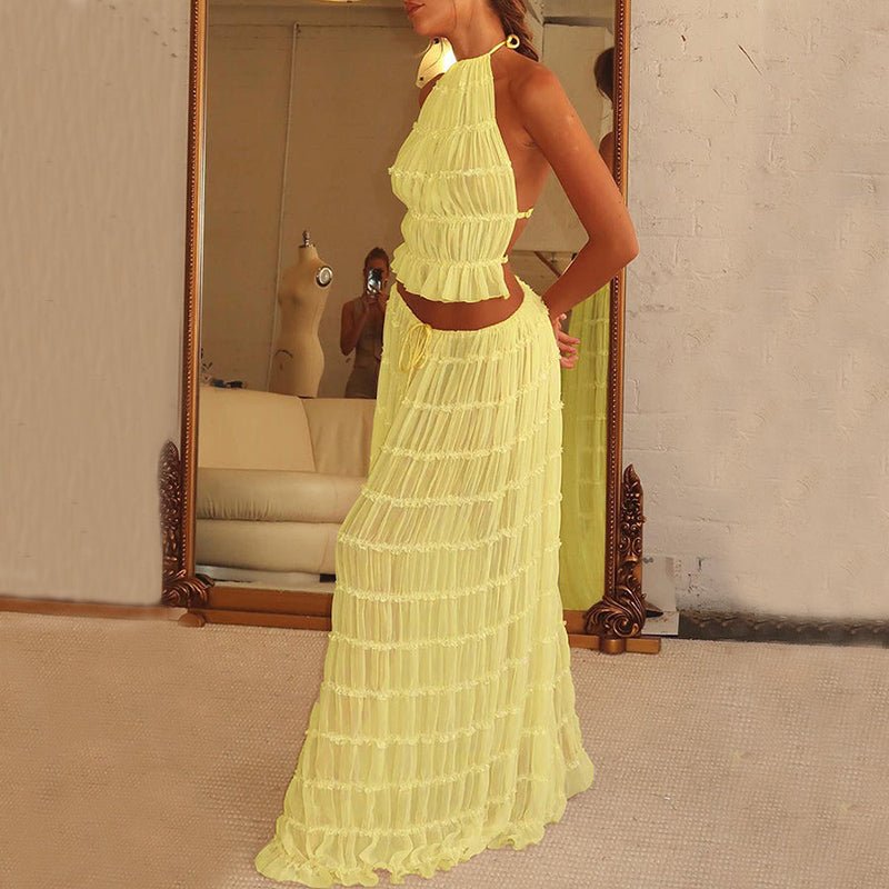 2pcs Women's Dress Suit Sexy Sleeveless Backless Cropped Halter Top And Pleated Long Skirt Beach Clothing - pokema5d8c50dcc70c5a88ba6969893858847a