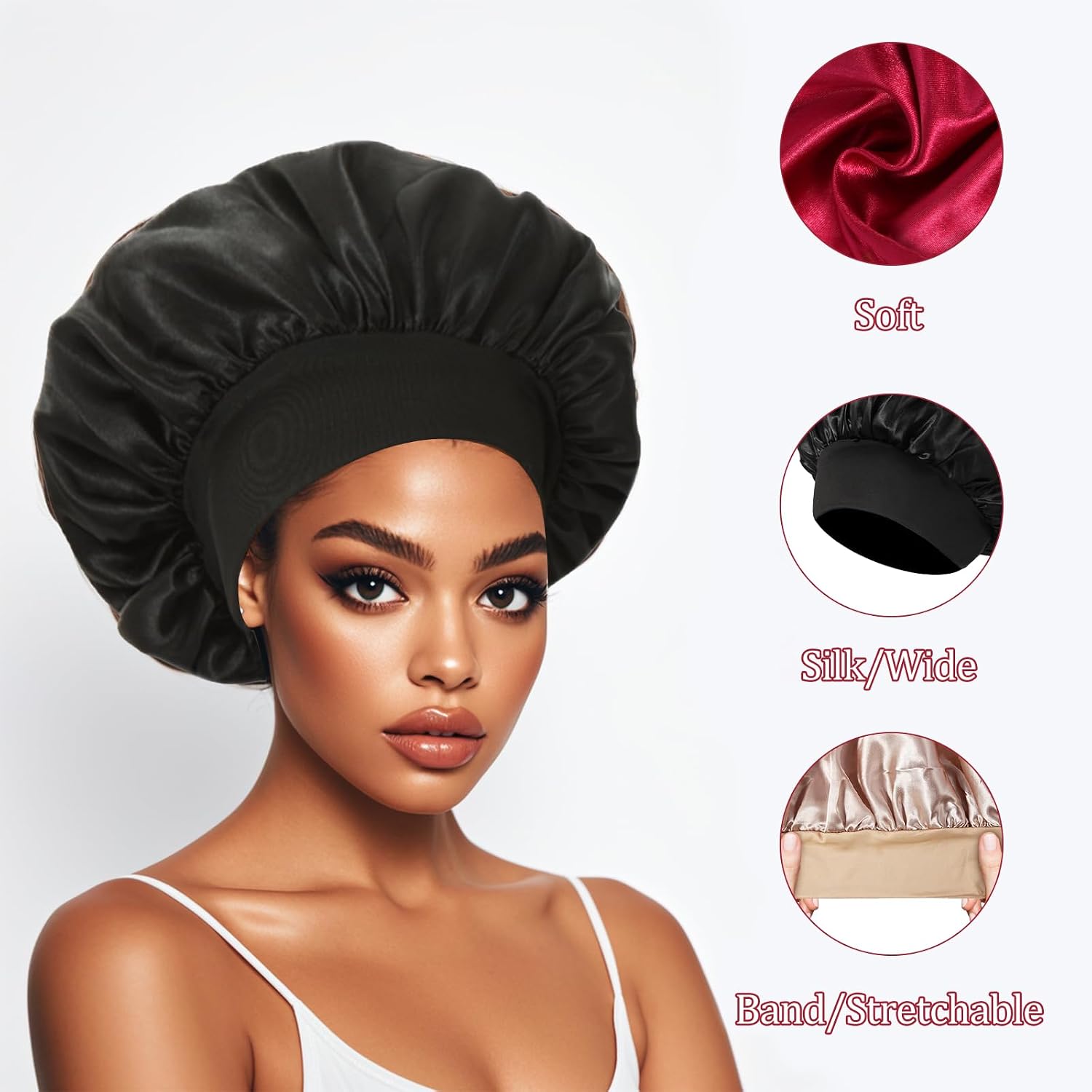 4 pièces de bonnet en satin, bonnet de cheveux en soie pour dormir, bonnet de sommeil élastique à large bande - pokema4 pièces de bonnet en satin, bonnet de cheveux en soie pour dormir, bonnet de sommeil élastique à large bande