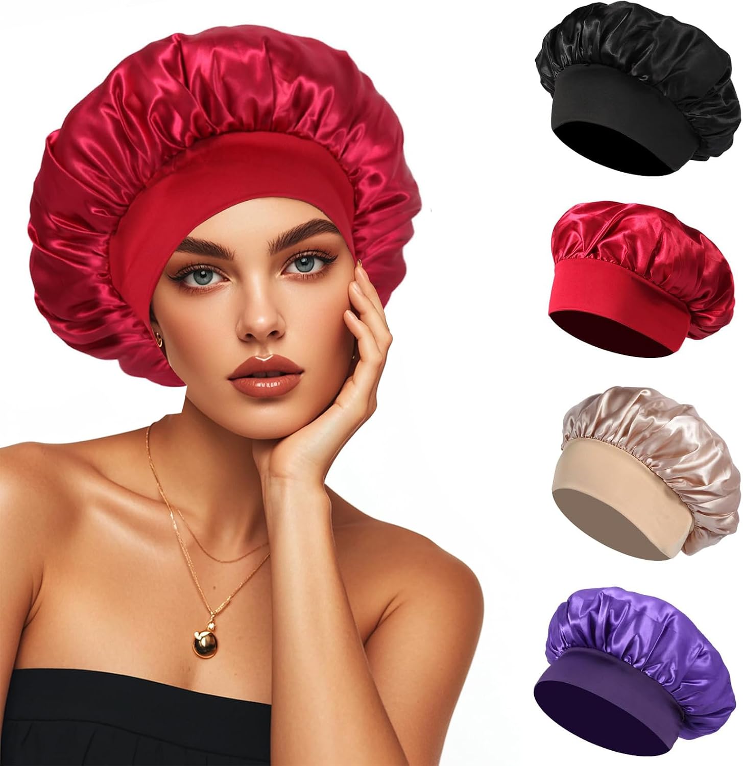 4 pièces de bonnet en satin, bonnet de cheveux en soie pour dormir, bonnet de sommeil élastique à large bande - pokema4 pièces de bonnet en satin, bonnet de cheveux en soie pour dormir, bonnet de sommeil élastique à large bande