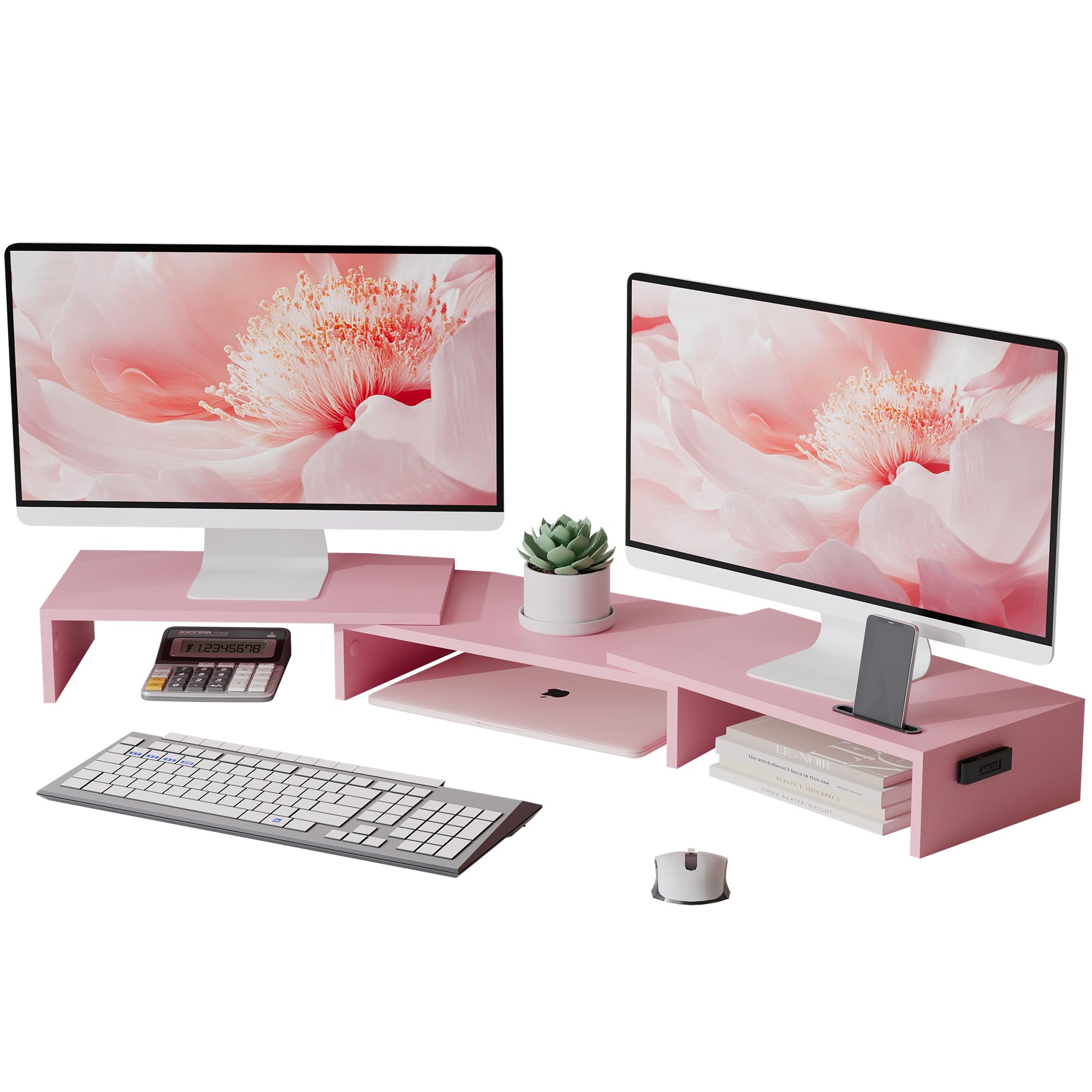 BONTEC Dual Monitor Stand for Desk, Adjustable Length and Angle Monitor Stand Riser with Smartphone Holder, Desk Shelf for Top of Desk, Computer Monitor Stand with Storage, Office Desk Organizer, Black