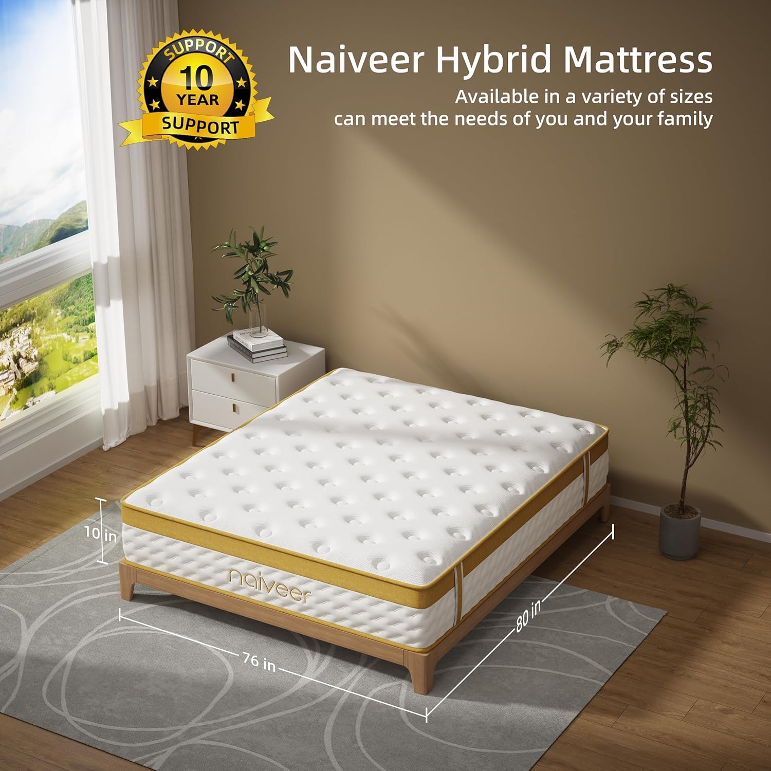 Naiveer Cool Gel Memory Foam Hybrid Mattress, 10 Inch King Size Mattress in A Box with Pocket Springs for Cool Sleep & Pressure Relief, Medium Firm Feeling with CertiPUR-US Certified Foam