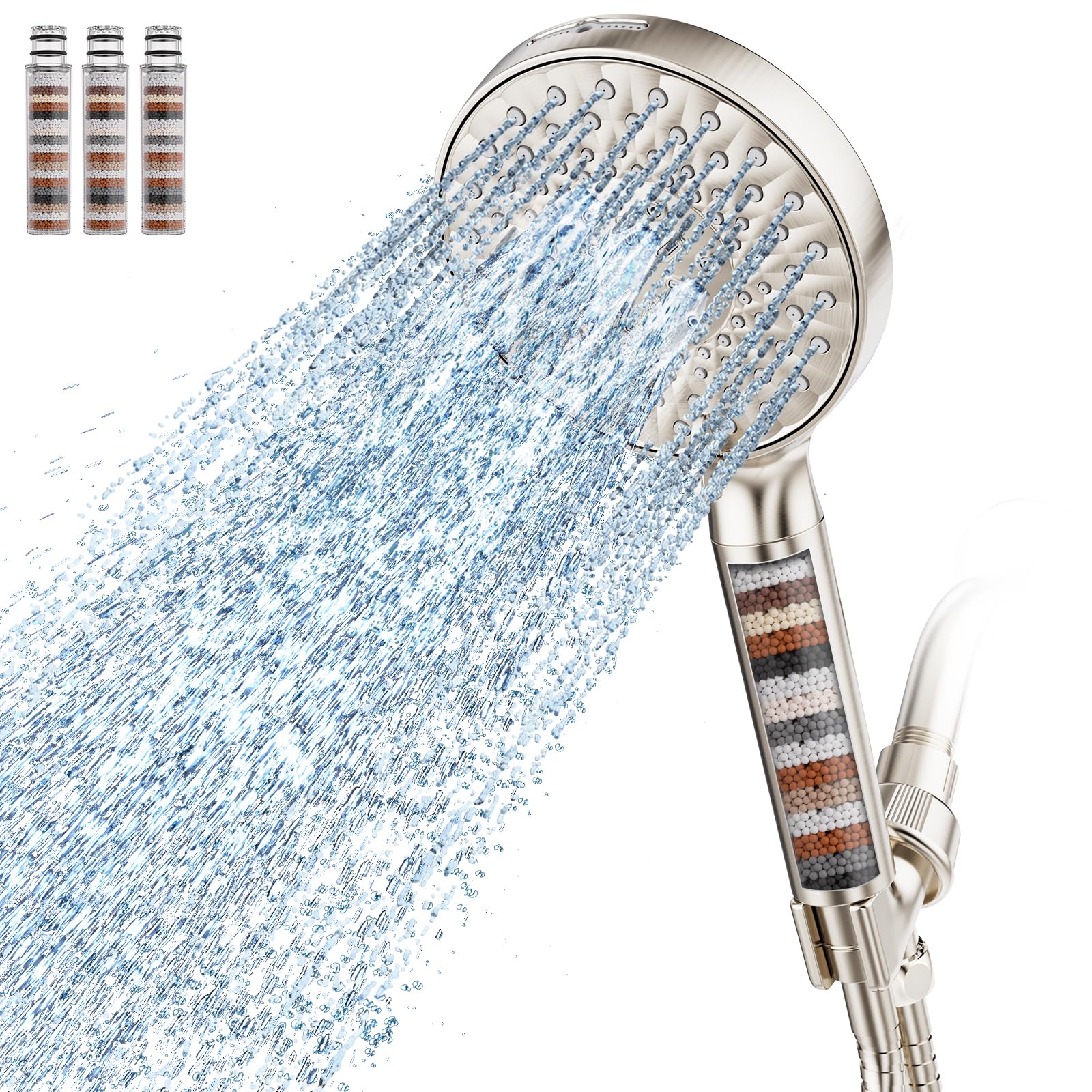 Filtered Shower Head with Handheld, High Pressure 9 Spray Mode Chrome Showerhead with Filters,Detachable Shower Head,Water Softener Filters Beads for Hard Water -Remove Chlorine