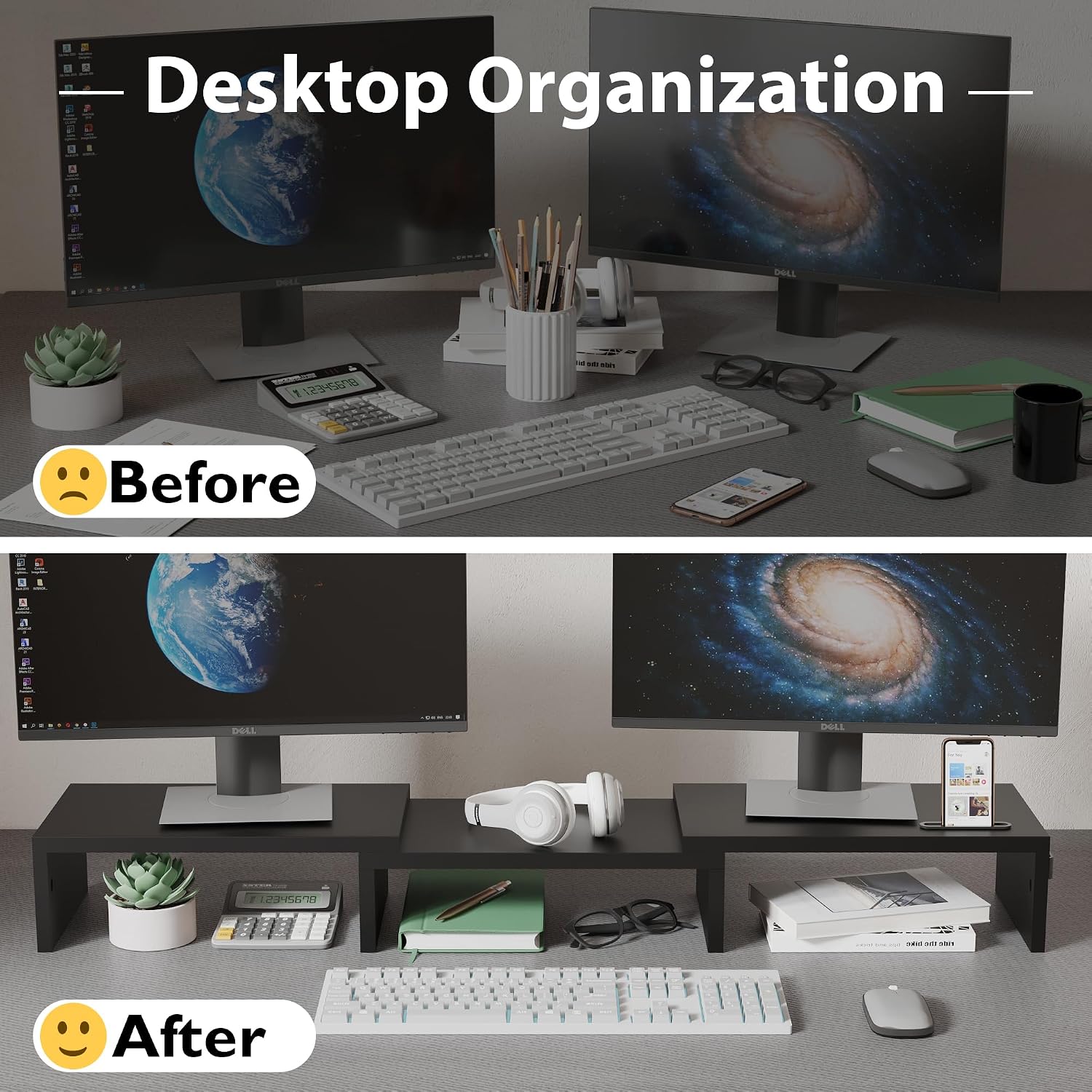 BONTEC Dual Monitor Stand for Desk, Adjustable Length and Angle Monitor Stand Riser with Smartphone Holder, Desk Shelf for Top of Desk, Computer Monitor Stand with Storage, Office Desk Organizer, Black