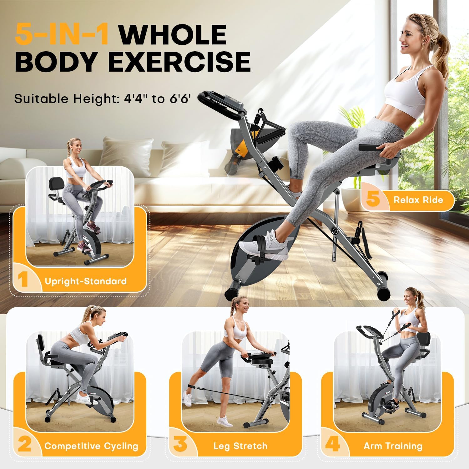 Exercise Bike, MOSUNY 5-in-1 Stationary Bike With 10DB Super-Silent, Folding Exercise Bike with 16-Level Adjustable Magnetic Resistance, 350 LBS Indoor Cycling Bike For Home Workout