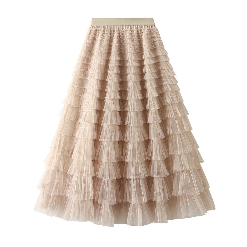 A-Line Mesh Ruffle Skirt Women's Temperament Sweet Long Skirt Slim Cupcake Dress Womens Clothing - pokema6c5c12ea1de24cd3e51daaa207f151a9