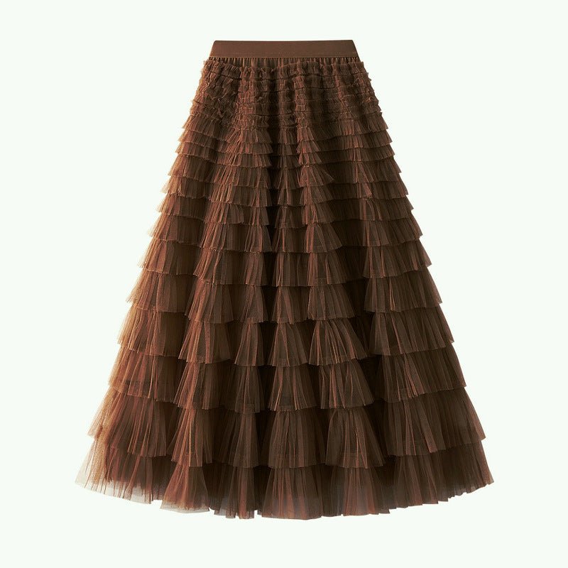 A-Line Mesh Ruffle Skirt Women's Temperament Sweet Long Skirt Slim Cupcake Dress Womens Clothing - pokema688d1be66f739f174afb1046e61fa81