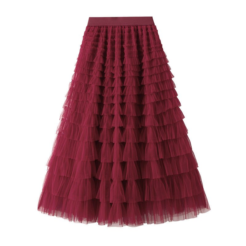 A-Line Mesh Ruffle Skirt Women's Temperament Sweet Long Skirt Slim Cupcake Dress Womens Clothing - pokema80c68e5aa2cb585c17e887a0b0489658