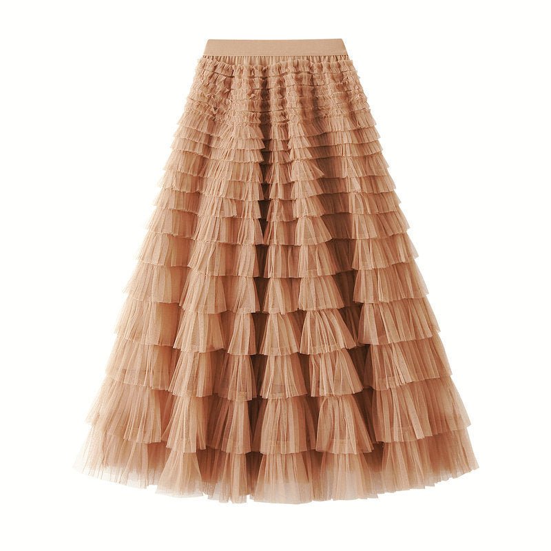 A-Line Mesh Ruffle Skirt Women's Temperament Sweet Long Skirt Slim Cupcake Dress Womens Clothing - pokema74fad9d6565e489252b85c8acdbe32ae