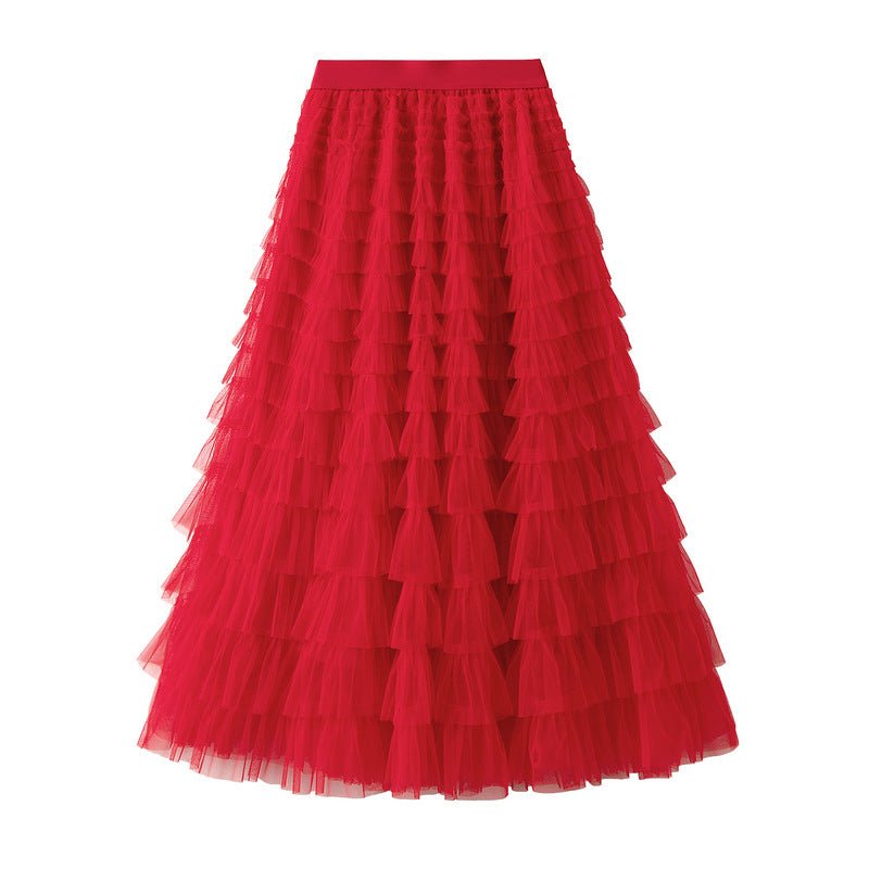 A-Line Mesh Ruffle Skirt Women's Temperament Sweet Long Skirt Slim Cupcake Dress Womens Clothing - pokemad1ab60367d3d3b336d1f91d6d89306fc