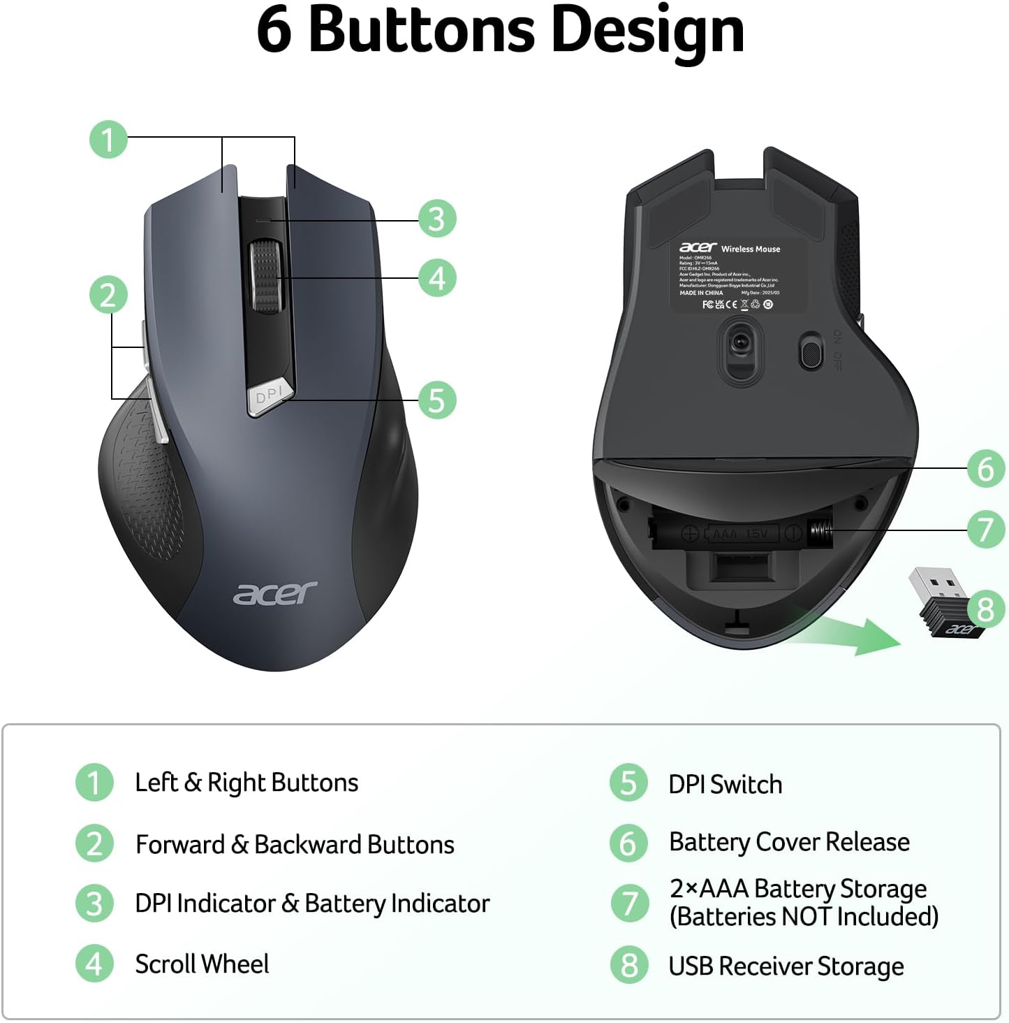Acer Wireless Mouse for Laptop, 2.4GHz USB Mice with USB-A Receiver | Office Computer Mouse Wireless wtih 3 Adjustable DPI, 6 Buttons, Medium to Large Sized Hands for PC, Laptop, Desktop - pokemaAcer Wireless Mouse for Laptop, 2.4GHz USB Mice with USB-A Receiver | Office Computer Mouse Wireless wtih 3 Adjustable DPI, 6 Buttons, Medium to Large Sized Hands for PC, Laptop, Desktop