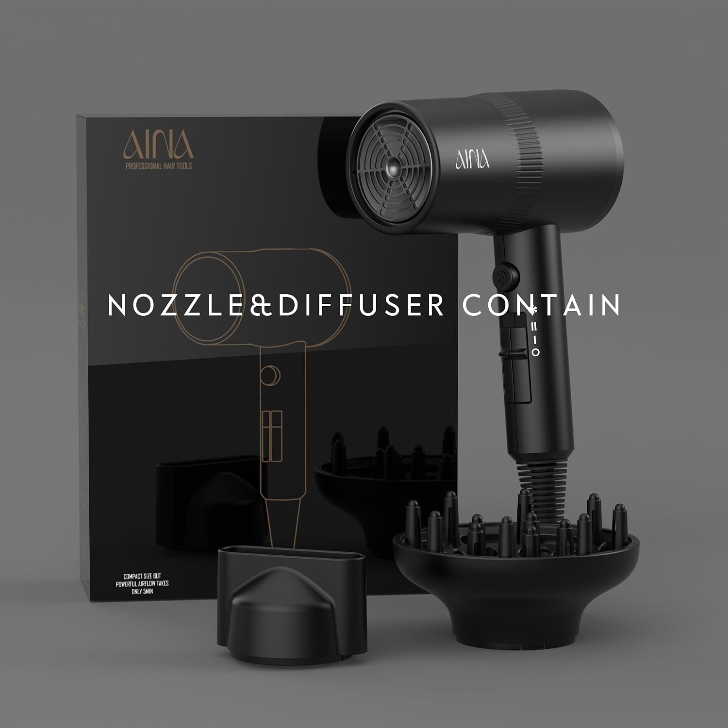 AINA Diffuser Hair Dryer Full-Featured Blow Dryer 110V/1600W(Vader Black) | 3 Heat/2 Speed|Cold shut button|Lightweight|Compact Size|High Temp|Low Airflow|Same Results|Less Expense - pokemaAINA Diffuser Hair Dryer Full-Featured Blow Dryer 110V/1600W(Vader Black) | 3 Heat/2 Speed|Cold shut button|Lightweight|Compact Size|High Temp|Low Airflow|Same Results|Less Expense
