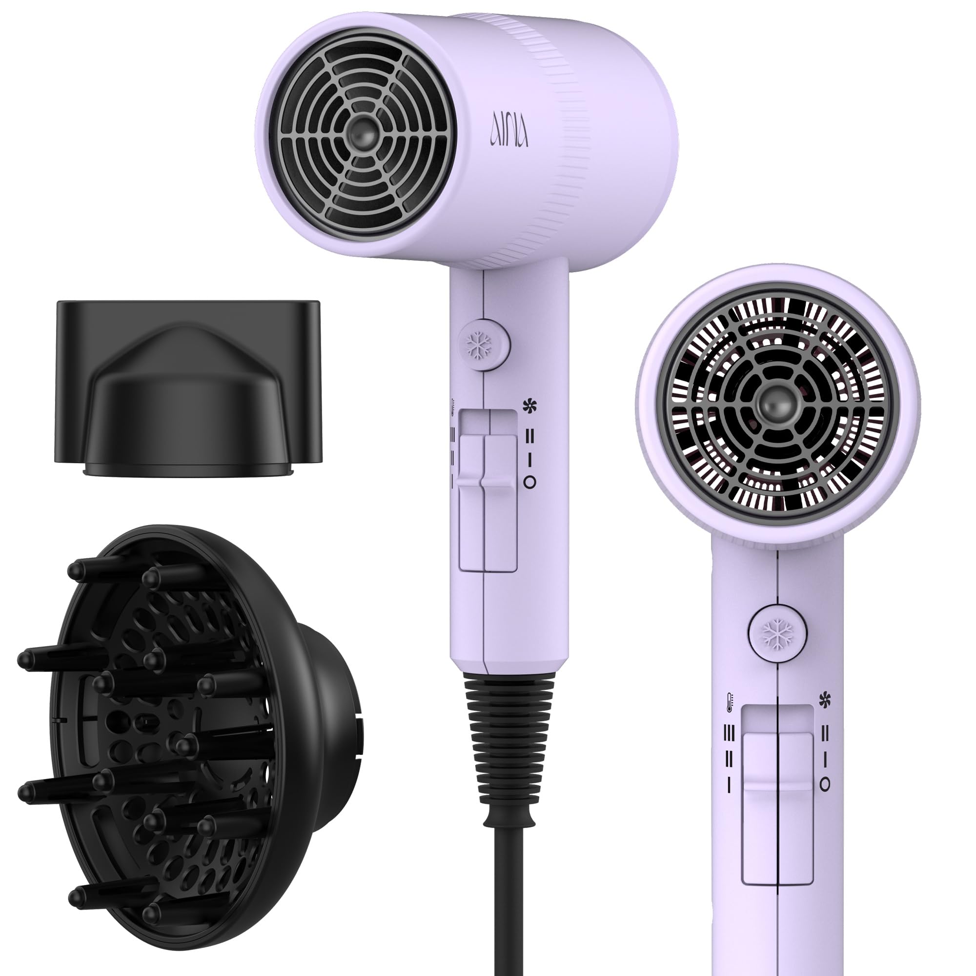 AINA Diffuser Hair Dryer Full-Featured Blow Dryer 110V/1600W(Vader Black) | 3 Heat/2 Speed|Cold shut button|Lightweight|Compact Size|High Temp|Low Airflow|Same Results|Less Expense - pokemaAINA Diffuser Hair Dryer Full-Featured Blow Dryer 110V/1600W(Vader Black) | 3 Heat/2 Speed|Cold shut button|Lightweight|Compact Size|High Temp|Low Airflow|Same Results|Less Expense