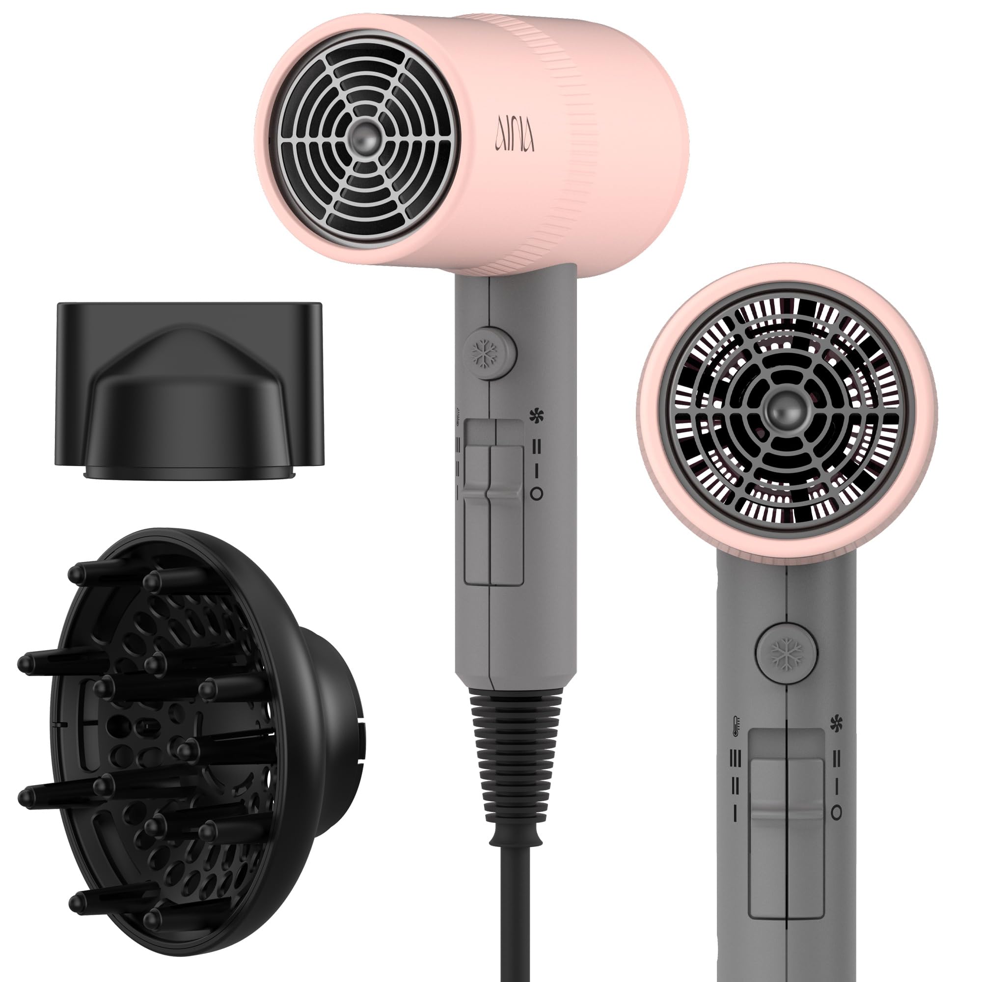 AINA Diffuser Hair Dryer Full-Featured Blow Dryer 110V/1600W(Vader Black) | 3 Heat/2 Speed|Cold shut button|Lightweight|Compact Size|High Temp|Low Airflow|Same Results|Less Expense - pokemaAINA Diffuser Hair Dryer Full-Featured Blow Dryer 110V/1600W(Vader Black) | 3 Heat/2 Speed|Cold shut button|Lightweight|Compact Size|High Temp|Low Airflow|Same Results|Less Expense