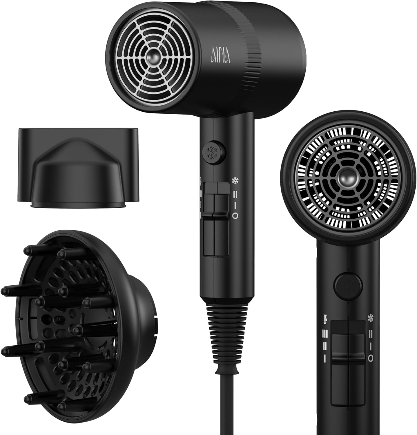 AINA Diffuser Hair Dryer Full-Featured Blow Dryer 110V/1600W(Vader Black) | 3 Heat/2 Speed|Cold shut button|Lightweight|Compact Size|High Temp|Low Airflow|Same Results|Less Expense - pokemaAINA Diffuser Hair Dryer Full-Featured Blow Dryer 110V/1600W(Vader Black) | 3 Heat/2 Speed|Cold shut button|Lightweight|Compact Size|High Temp|Low Airflow|Same Results|Less Expense