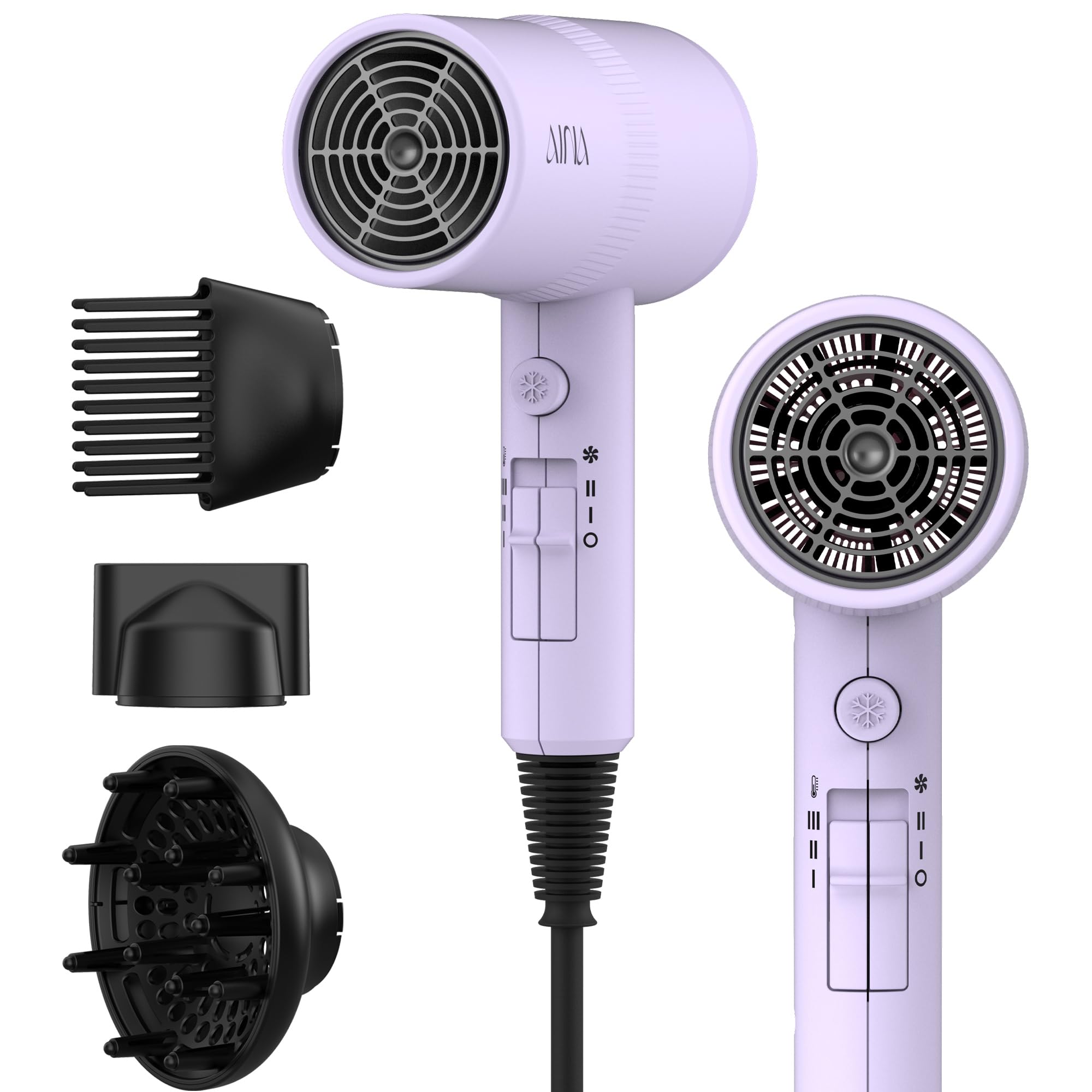 AINA Diffuser Hair Dryer Full-Featured Blow Dryer 110V/1600W(Vader Black) | 3 Heat/2 Speed|Cold shut button|Lightweight|Compact Size|High Temp|Low Airflow|Same Results|Less Expense - pokemaAINA Diffuser Hair Dryer Full-Featured Blow Dryer 110V/1600W(Vader Black) | 3 Heat/2 Speed|Cold shut button|Lightweight|Compact Size|High Temp|Low Airflow|Same Results|Less Expense
