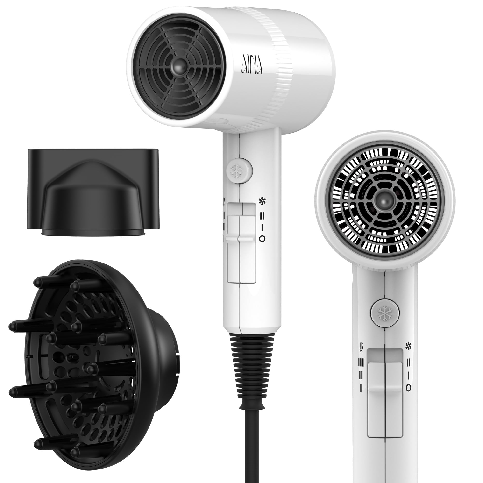 AINA Diffuser Hair Dryer Full-Featured Blow Dryer 110V/1600W(Vader Black) | 3 Heat/2 Speed|Cold shut button|Lightweight|Compact Size|High Temp|Low Airflow|Same Results|Less Expense - pokemaAINA Diffuser Hair Dryer Full-Featured Blow Dryer 110V/1600W(Vader Black) | 3 Heat/2 Speed|Cold shut button|Lightweight|Compact Size|High Temp|Low Airflow|Same Results|Less Expense