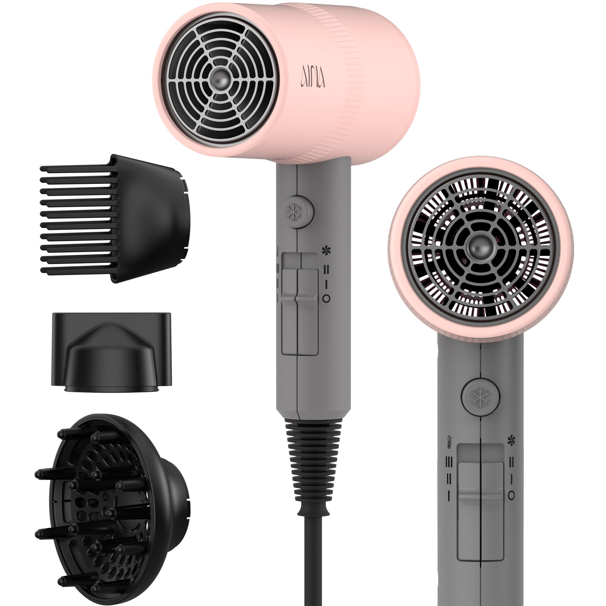 AINA Diffuser Hair Dryer Full-Featured Blow Dryer 110V/1600W(Vader Black) | 3 Heat/2 Speed|Cold shut button|Lightweight|Compact Size|High Temp|Low Airflow|Same Results|Less Expense - pokemaAINA Diffuser Hair Dryer Full-Featured Blow Dryer 110V/1600W(Vader Black) | 3 Heat/2 Speed|Cold shut button|Lightweight|Compact Size|High Temp|Low Airflow|Same Results|Less Expense