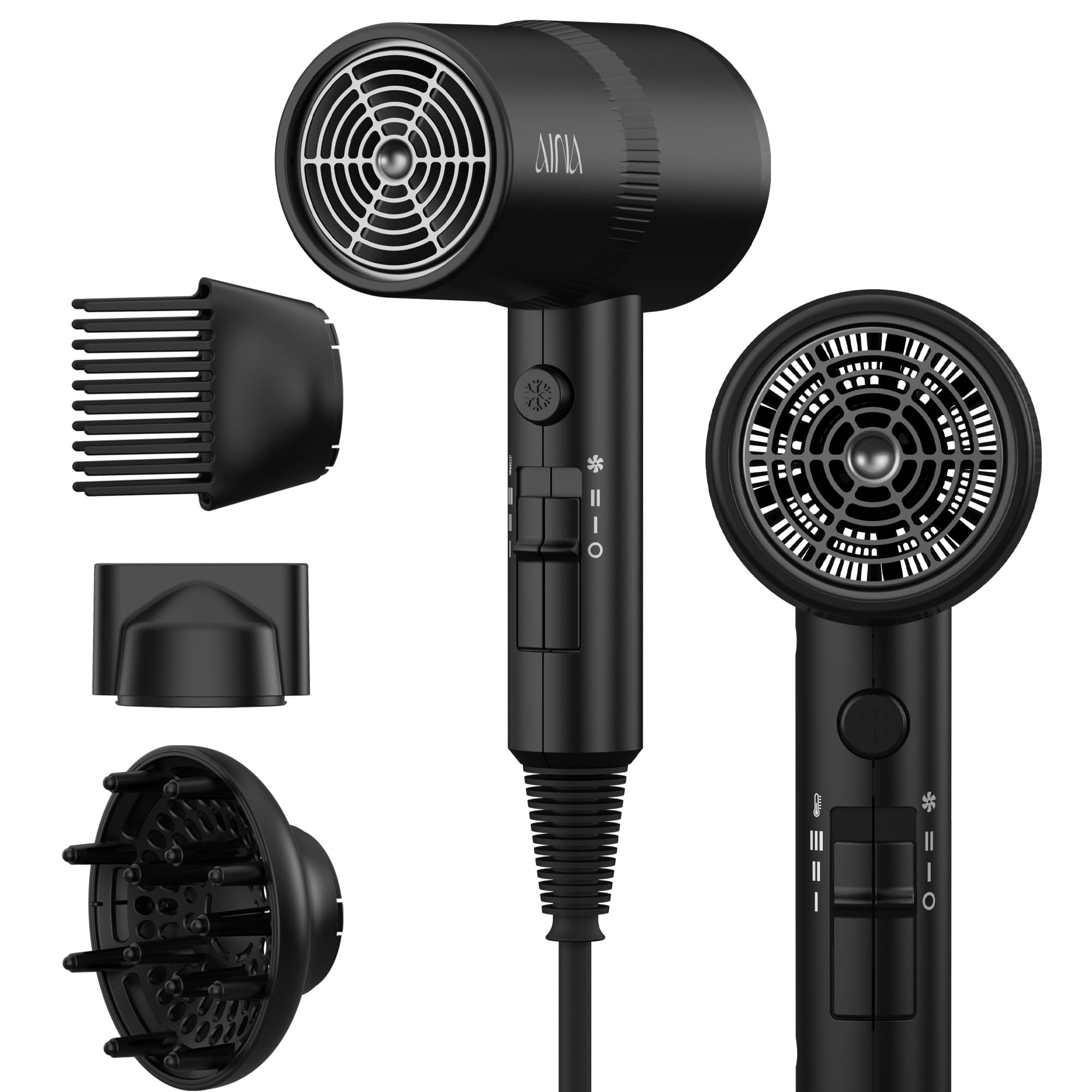 AINA Diffuser Hair Dryer Full-Featured Blow Dryer 110V/1600W(Vader Black) | 3 Heat/2 Speed|Cold shut button|Lightweight|Compact Size|High Temp|Low Airflow|Same Results|Less Expense - pokemaAINA Diffuser Hair Dryer Full-Featured Blow Dryer 110V/1600W(Vader Black) | 3 Heat/2 Speed|Cold shut button|Lightweight|Compact Size|High Temp|Low Airflow|Same Results|Less Expense