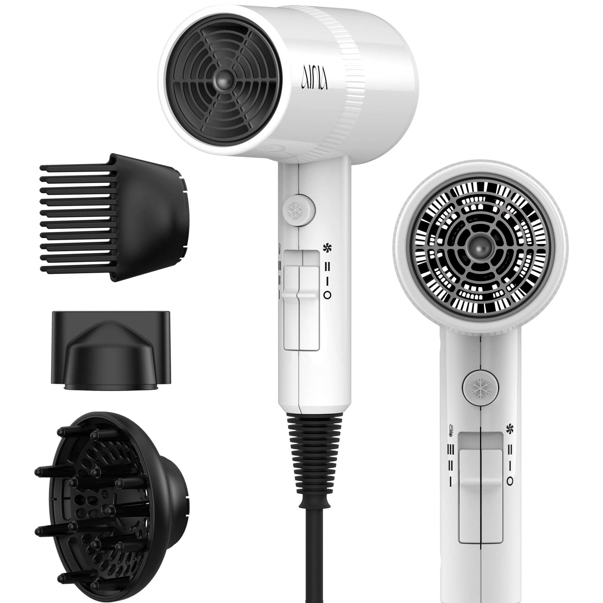 AINA Diffuser Hair Dryer Full-Featured Blow Dryer 110V/1600W(Vader Black) | 3 Heat/2 Speed|Cold shut button|Lightweight|Compact Size|High Temp|Low Airflow|Same Results|Less Expense - pokemaAINA Diffuser Hair Dryer Full-Featured Blow Dryer 110V/1600W(Vader Black) | 3 Heat/2 Speed|Cold shut button|Lightweight|Compact Size|High Temp|Low Airflow|Same Results|Less Expense