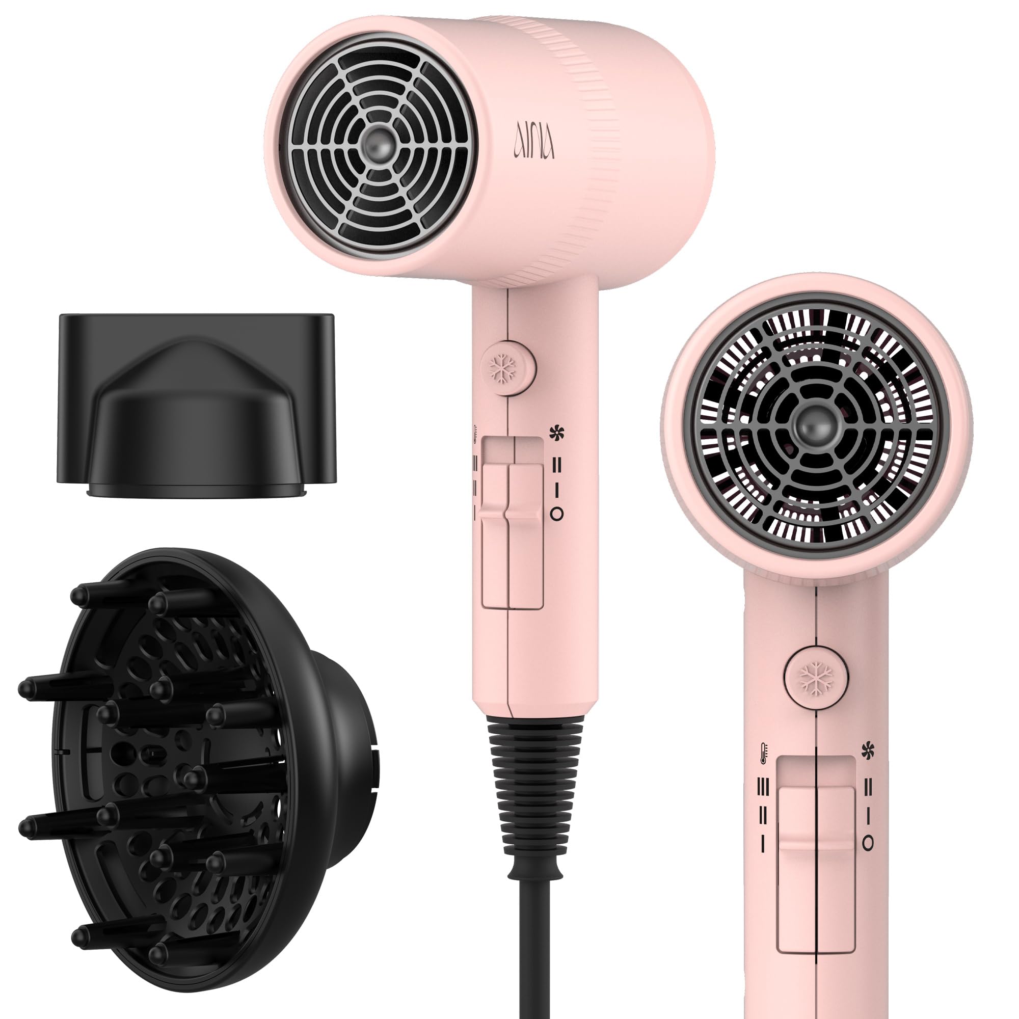 AINA Diffuser Hair Dryer Full-Featured Blow Dryer 110V/1600W(Vader Black) | 3 Heat/2 Speed|Cold shut button|Lightweight|Compact Size|High Temp|Low Airflow|Same Results|Less Expense - pokemaAINA Diffuser Hair Dryer Full-Featured Blow Dryer 110V/1600W(Vader Black) | 3 Heat/2 Speed|Cold shut button|Lightweight|Compact Size|High Temp|Low Airflow|Same Results|Less Expense