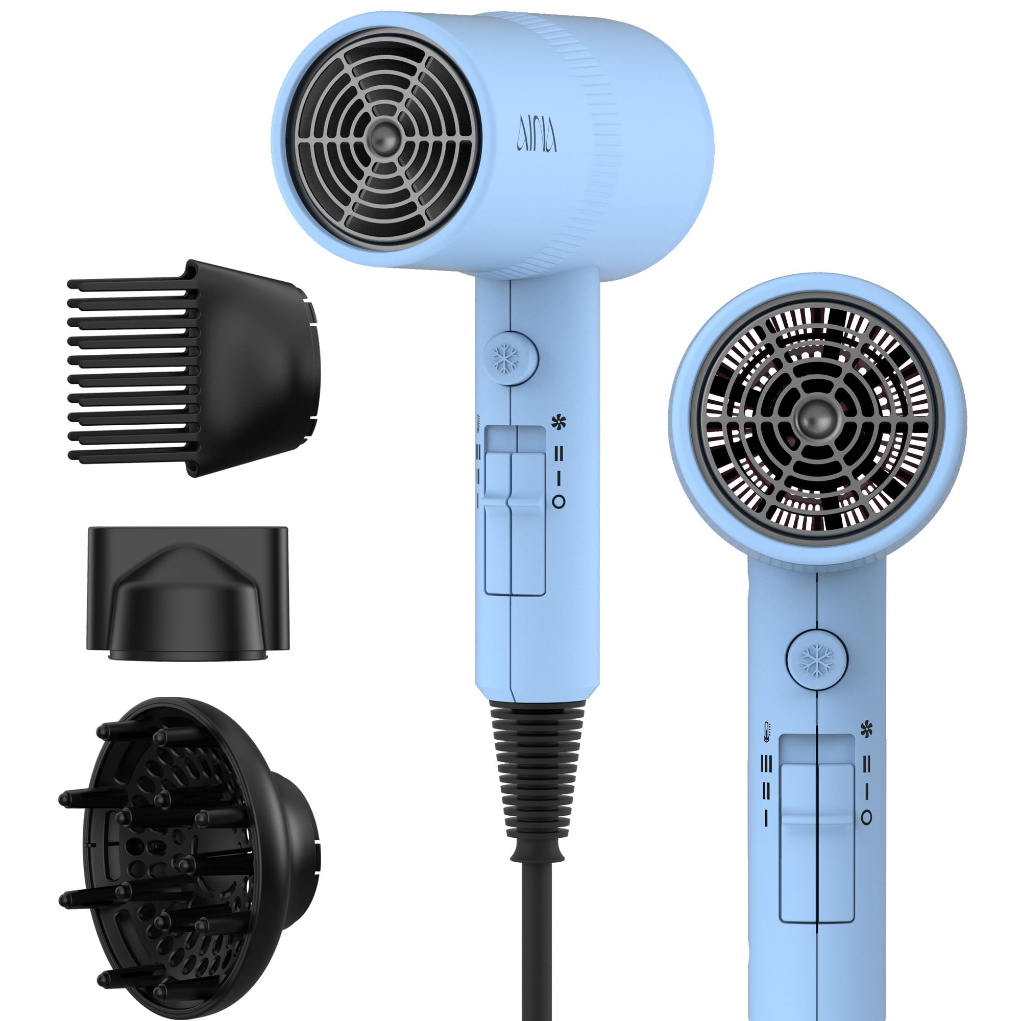 AINA Diffuser Hair Dryer Full-Featured Blow Dryer 110V/1600W(Vader Black) | 3 Heat/2 Speed|Cold shut button|Lightweight|Compact Size|High Temp|Low Airflow|Same Results|Less Expense - pokemaAINA Diffuser Hair Dryer Full-Featured Blow Dryer 110V/1600W(Vader Black) | 3 Heat/2 Speed|Cold shut button|Lightweight|Compact Size|High Temp|Low Airflow|Same Results|Less Expense