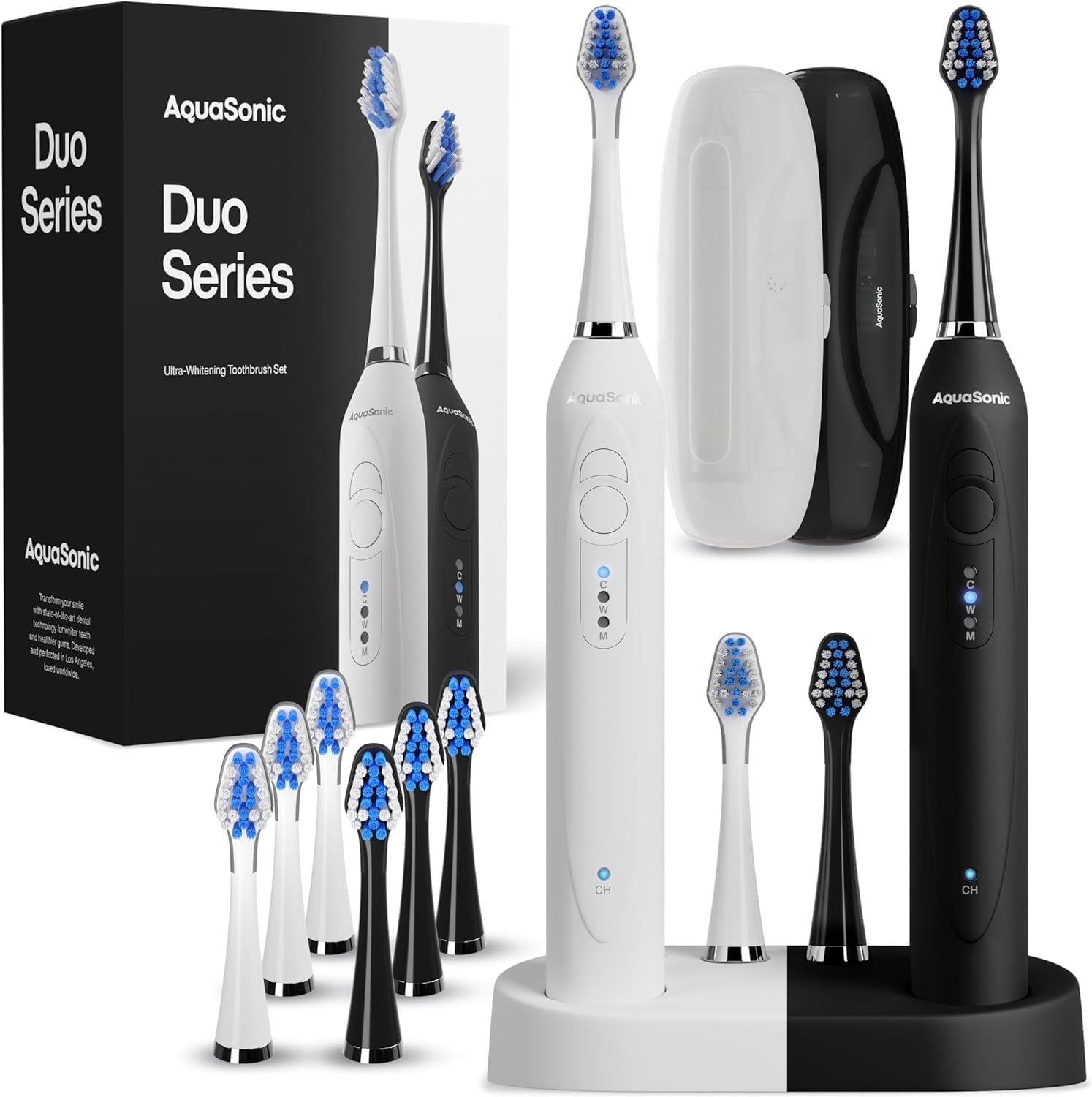 Aquasonic - Duo Dual Handle Ultra Whitening 40,000 VPM Toothbrush | Wireless Charging Electric ToothBrush - 3 Modes with Smart Timers - 10 Dupont Brush Heads & 2 Travel Cases Included - pokemaAquasonic - Duo Dual Handle Ultra Whitening 40,000 VPM Toothbrush | Wireless Charging Electric ToothBrush - 3 Modes with Smart Timers - 10 Dupont Brush Heads & 2 Travel Cases Included
