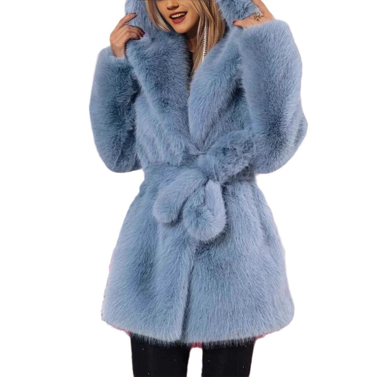 Autumn And Winter Elegant Hooded Strap Faux Fur Coat Women - pokemac6dfb8f2d356252835d6b18c5928c30f