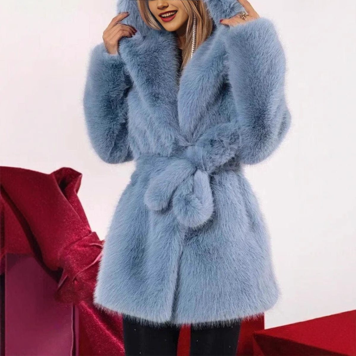 Autumn And Winter Elegant Hooded Strap Faux Fur Coat Women - pokema5ed7210a6e82e8a18dec30a402780d2e