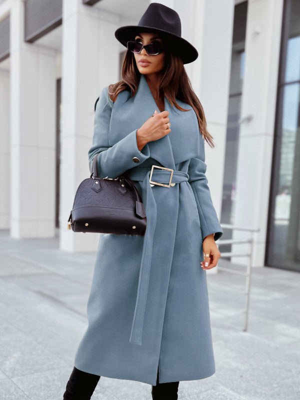 Autumn And Winter Simplicity Long Sleeve Button V-neck Lace Up Woolen Coat Women's Clothing - pokemab4f9bff17d98d74d55276e1ef3403b25